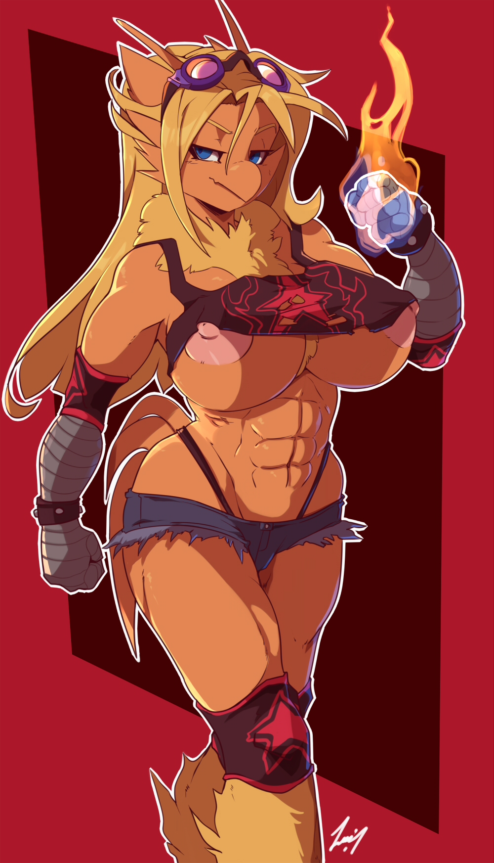 2018 abs alternate_color anthro areola athletic big_areola big_breasts blaziken blonde_hair blue_eyes bottomwear breasts clothed clothing crop_top cutoffs denim denim_bottomwear denim_clothing digital_media_(artwork) eyewear fan_character fate_valentine female generation_3_pokemon goggles hi_res highleg hotpants leokingdom looking_at_viewer muscular muscular_anthro muscular_female nintendo nipple_slip nipples panties pokemon pokemon_(species) portrait pose shirt shorts skimpy solo tank_top thong thong_straps three-quarter_portrait topwear torn_clothing under_boob underwear wide_hips