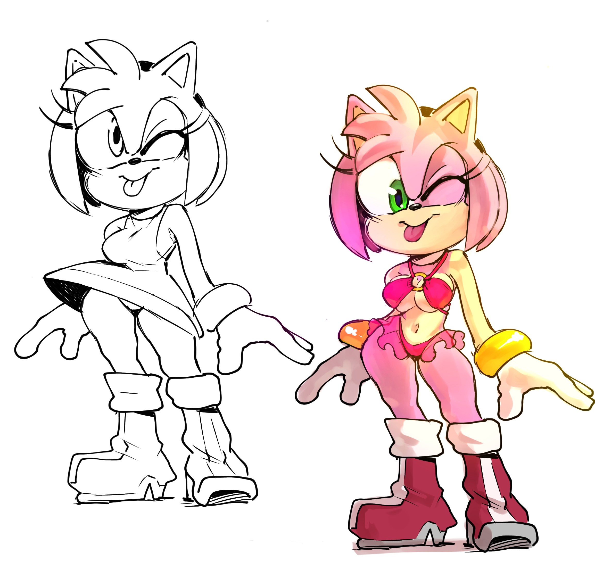 2d, 2d (artwork), 2d artwork, amy rose, belly button, big breasts, bikini bottom, bikini top, black and white, boots, bracelets, breasts, calabreso, clothed female, cute face, diadem, dress, eyelashes, female, flashing panties, gloves, green eyes, one eye closed, pink fur, sega, skirt up, sonic (series), sonic the hedgehog (series), sticking out tongue, thick hips, thick thighs, thin waist, tight clothing, tongue, tongue out