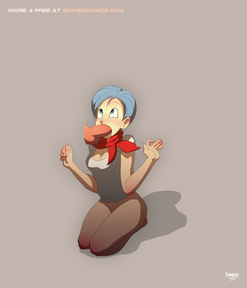 1boy, 1girls, big penis, blue eyes, blue hair, blush, bottomless, breasts, bulma briefs, cheek bulge, cleavage, disembodied penis, dragon ball, dragon ball super, elbow, elbows, fellatio, female, hands-free, huge cock, kneeling, knees together, large breasts, large penis, legs, looking up, male, mature, milf, no bra, no panties, no pants, open mouth, oral, oral sex, penis, saliva, salivating, scarf, shirt, short hair, short sleeves, sillygirl, simple background, sinner, solo focus, white shirt
