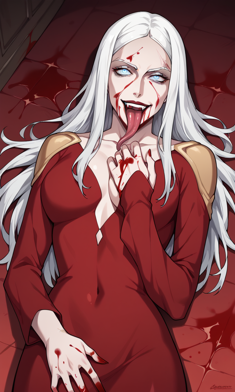 1girls ai_generated bigmic145 blood breasts carmilla_(castlevania) castlevania castlevania_(netflix) cleavage horror lips long_hair long_tongue medium_breasts monster_girl red_dress vampire white_hair yandere