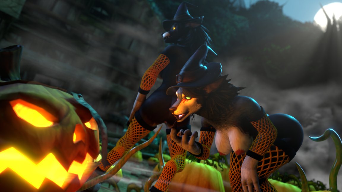 16:9 2022 3d_(artwork) ass black_body black_fur black_hair black_nose blender_(artwork) blizzard_entertainment breasts canid canine_nose clothing depth_of_field digital_media_(artwork) duo female female/female fog food fruit fur glowing glowing_eyes green_eyes hair hat headgear headwear imminent_sex jack-o'-lantern leaning leaning_forward leggings legwear light mammal moon moonlight nipples nude nude_female open_mouth plant pointy_ears pumpkin rear_view red_inner_ear red_makeup red_nipples snout standing stockings tentacle tentacle_creature tree warcraft werecanid werecreature white_body white_fur widescreen witch_hat worgen worgenartya yellow_eyes