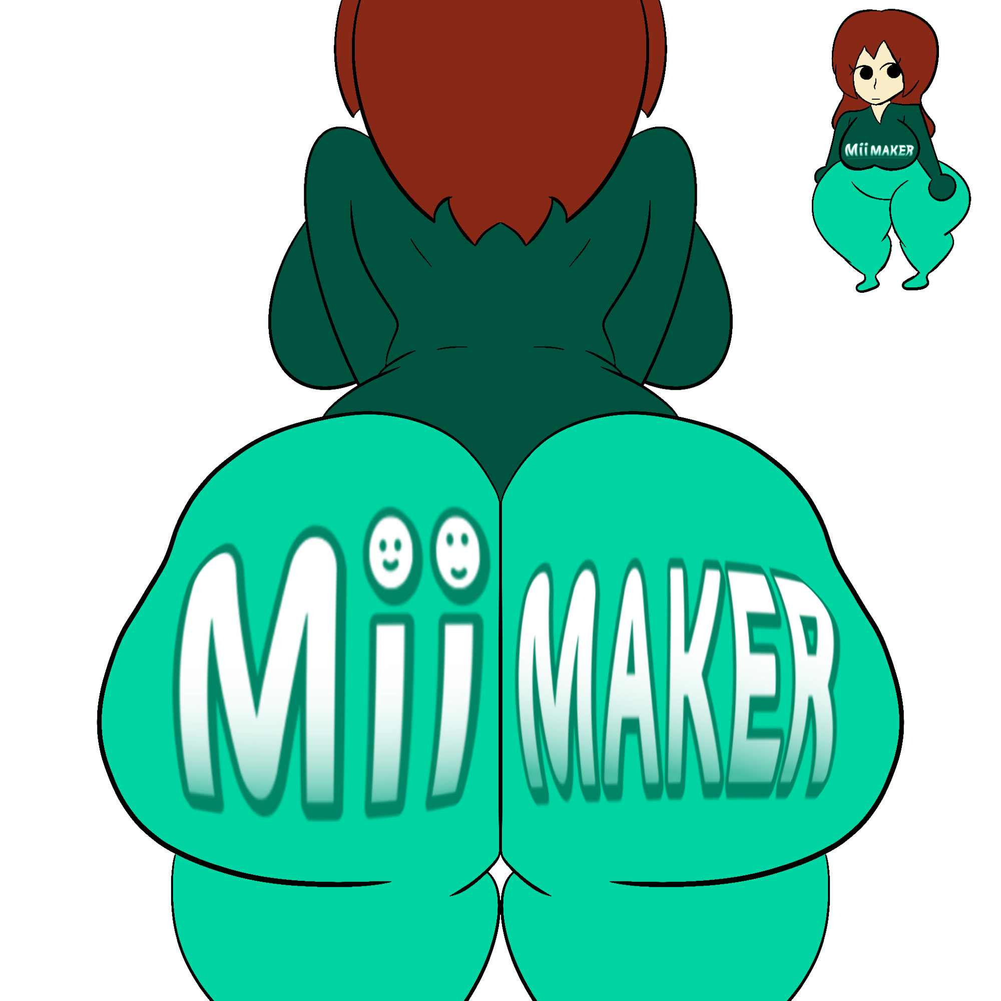 1girls, ass, ass focus, big ass, big breasts, breasts, brown hair, clothed, color, colored, curvy, curvydoodles, female, female only, front view, fully clothed, huge ass, light skin, light-skinned female, line art, logo on clothing, logo on pants, logo on shirt, looking at viewer, mii, mii gunner, mii gunner (smash 4), mii maker, mob face, nintendo, no background, no sex, no shading, rear view, simple background, solid color background, super smash bros., super smash bros. for nintendo 3ds and wii u, teal pants, thick thighs, tight clothing, white background