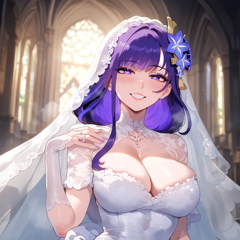 ai_generated big_breasts breasts bride busty church curvy curvy_female curvy_figure genshin_impact hoyoverse huge_breasts raiden_shogun wedding_attire wedding_dress wedding_lingerie wife