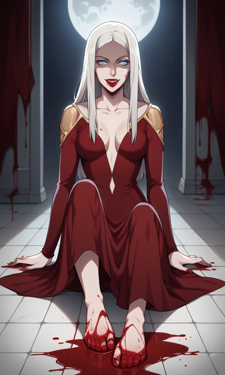 1girls ai_generated barefoot bigmic145 blood breasts carmilla_(castlevania) castlevania castlevania_(netflix) cleavage feet horror lips long_hair medium_breasts monster_girl red_dress vampire white_hair yandere