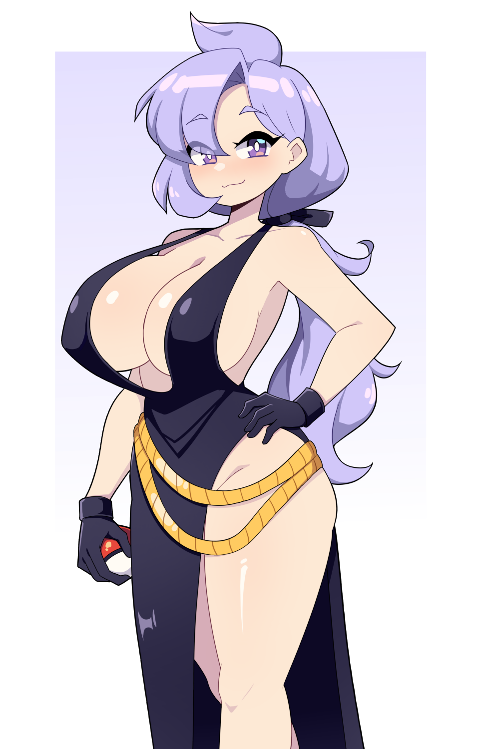 alternate costume, anabel (pokemon), breasts, commission, dress, female, female only, hi res, huge breasts, j5daigada, lila (pokemon sm), lila (pokemon), mature female, nintendo, pokemon, pokemon sm, pokemon trainer, purple hair, simple background, thighs