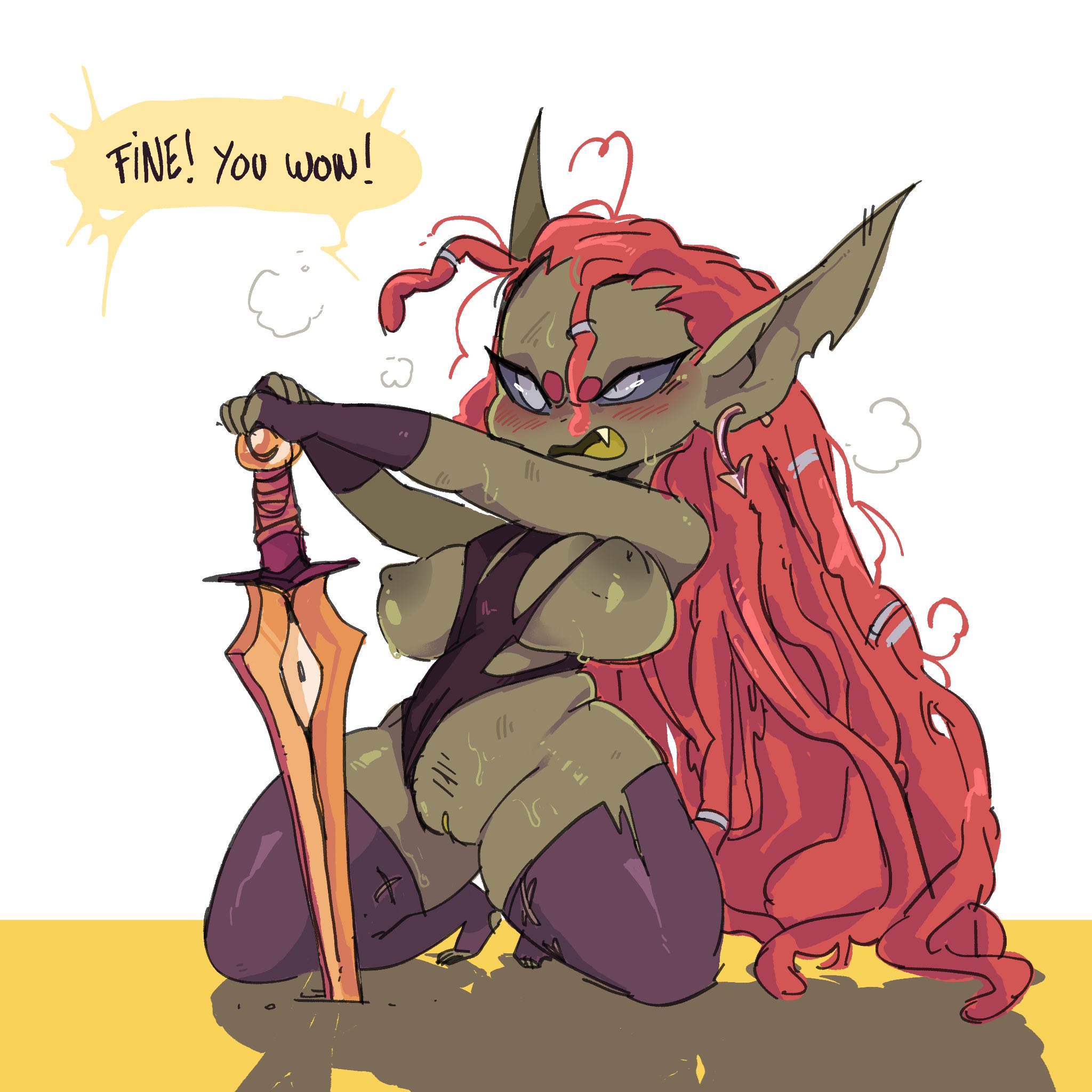 female, gin (saehno), goblin, goblin female, goblin girl, nipples, pussy, red hair, saehno, sword, swordswoman, torn clothes