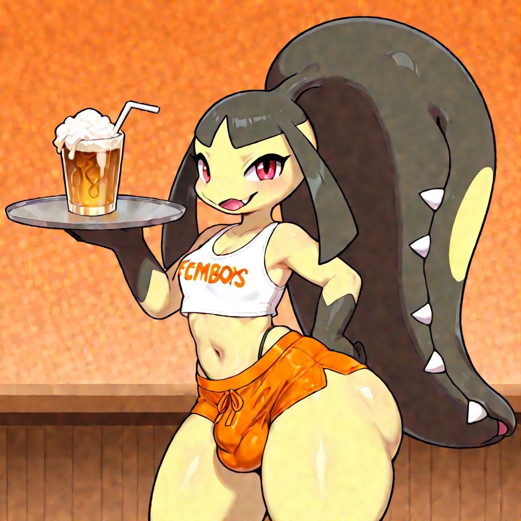 ai_generated cute femboy femboy_hooters mawile pokemon serving_drink