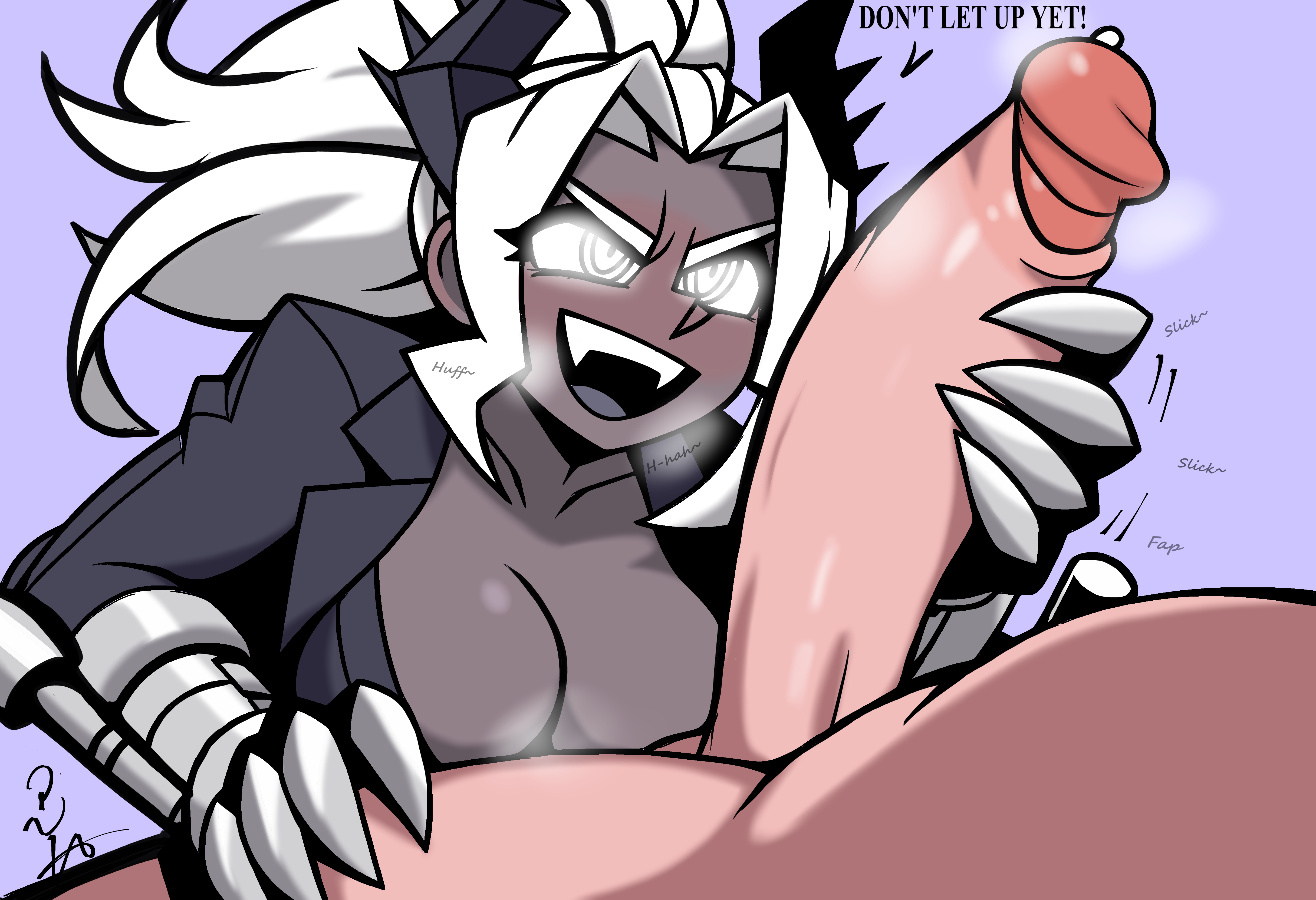 1boy, 1boy1girl, 1girls, artist name, artist signature, big cock, big dick, big penis, black skin, breasts, breath, breath cloud, breathing, claws, cleavage, cock, dark skin, dark-skinned female, demon, demon girl, demon horns, dick, english text, fangs, female, flapping penis, glowing pupils, grey tongue, handjob, helltaker, huge boobs, huge cock, human, human male, human on demon, judgement (helltaker), large boobs, large breasts, male, male/female, naked, naked male, nude, nude male, open smile, penis, ponytail, ponytail female, smile, steam, steamy, steamy breath, thieviusa, tongue, unseen male face, white eyes, white hair, white pupils, white-haired female