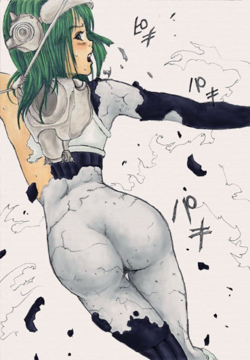 ass ass_focus behind_view blush female_only green_hair half_naked japanese_text looking_at_viewer looking_back petrification torn_clothes torn_clothing translation_request yamazaki_max2