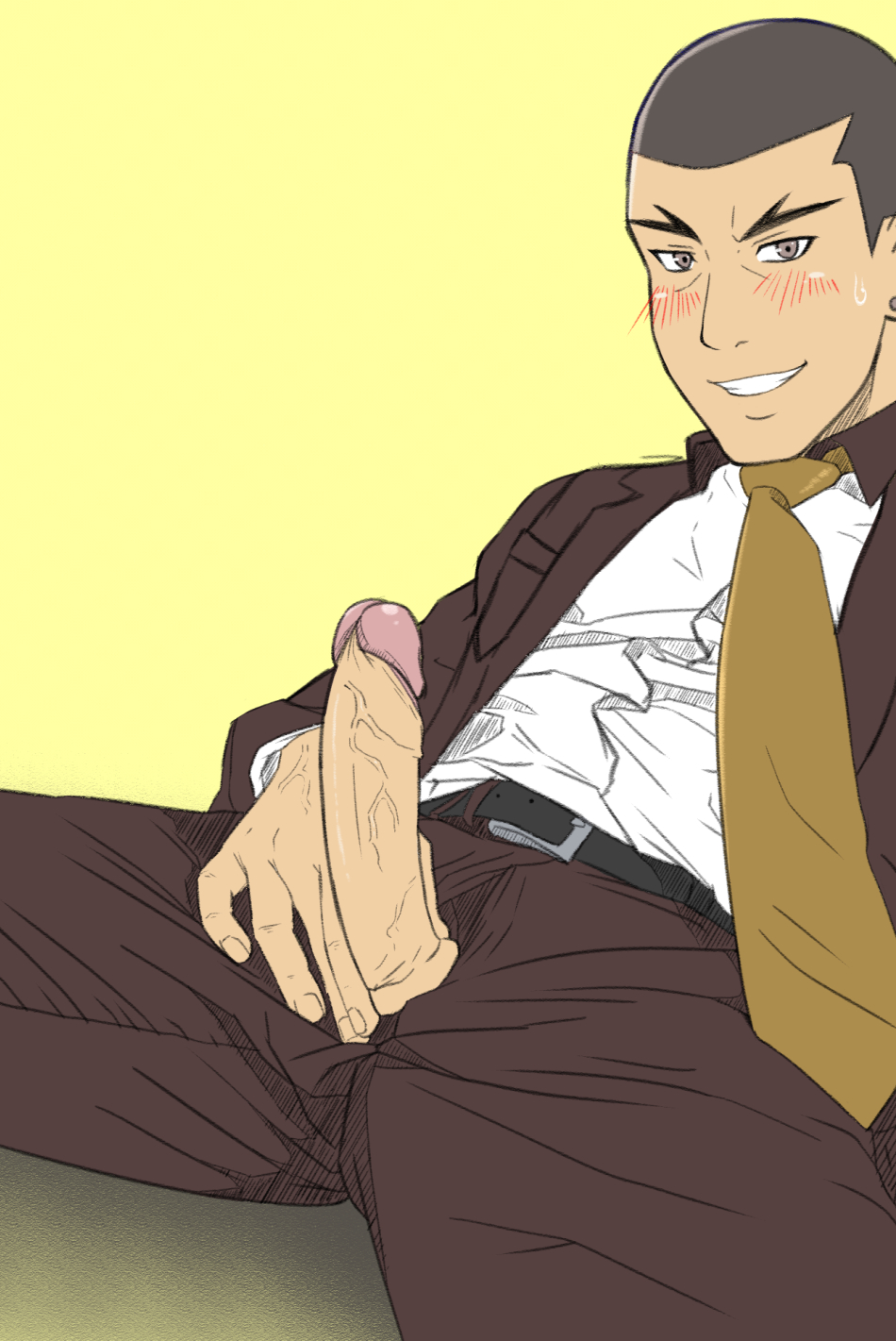 1boy clothed dojima_gin erection hand_on_penis holding_penis looking_at_viewer male_only necktie penis penis_grab penis_out presenting presenting_penis shokugeki_no_souma sitting smile suit testicles undressing veiny_penis