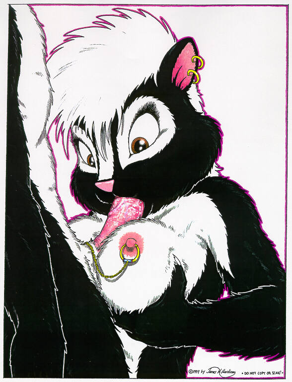 1990s 1997 20th_century anthro breasts brown_eyes duo ear_piercing female james_m_hardiman male mammal nipple_piercing nipples onyx_(jmh) oral penis piercing skunk straight