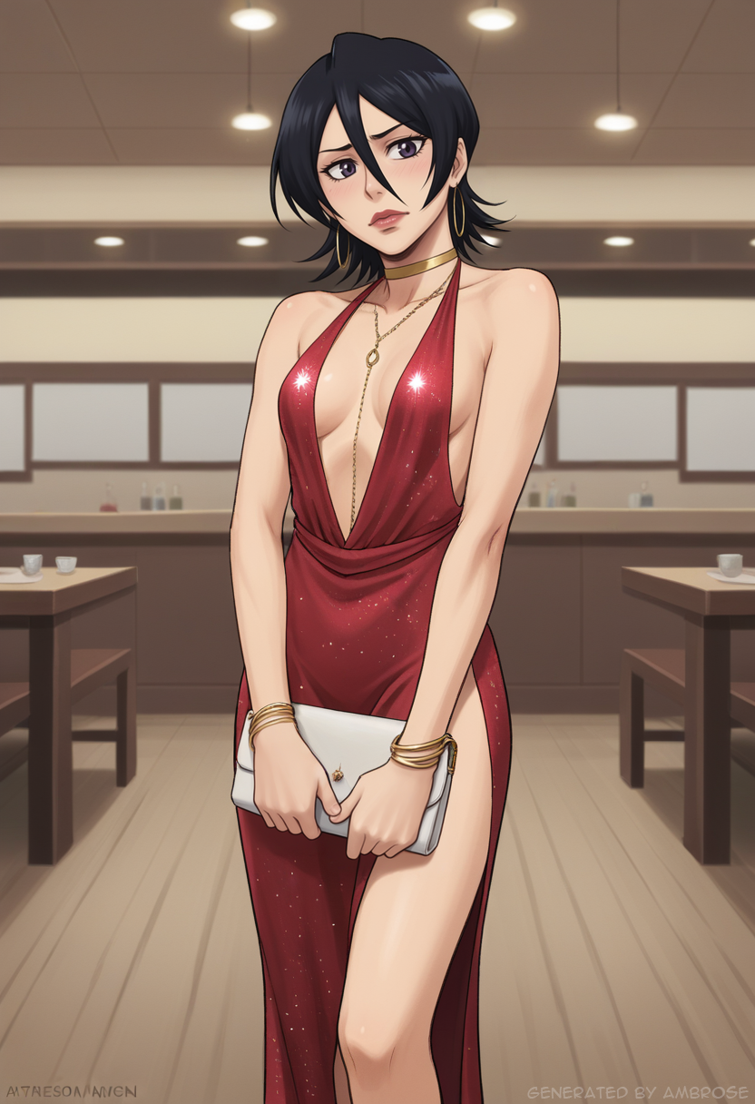 1girls ai_generated ambrose black_hair bleach blush bracelets choker date dress embarrassed hoop_earrings kuchiki_rukia makeup necklace petite purple_eyes purse red_lipstick restaurant self_upload short_hair skinny slit_dress small_breasts stable_diffusion thigh_gap