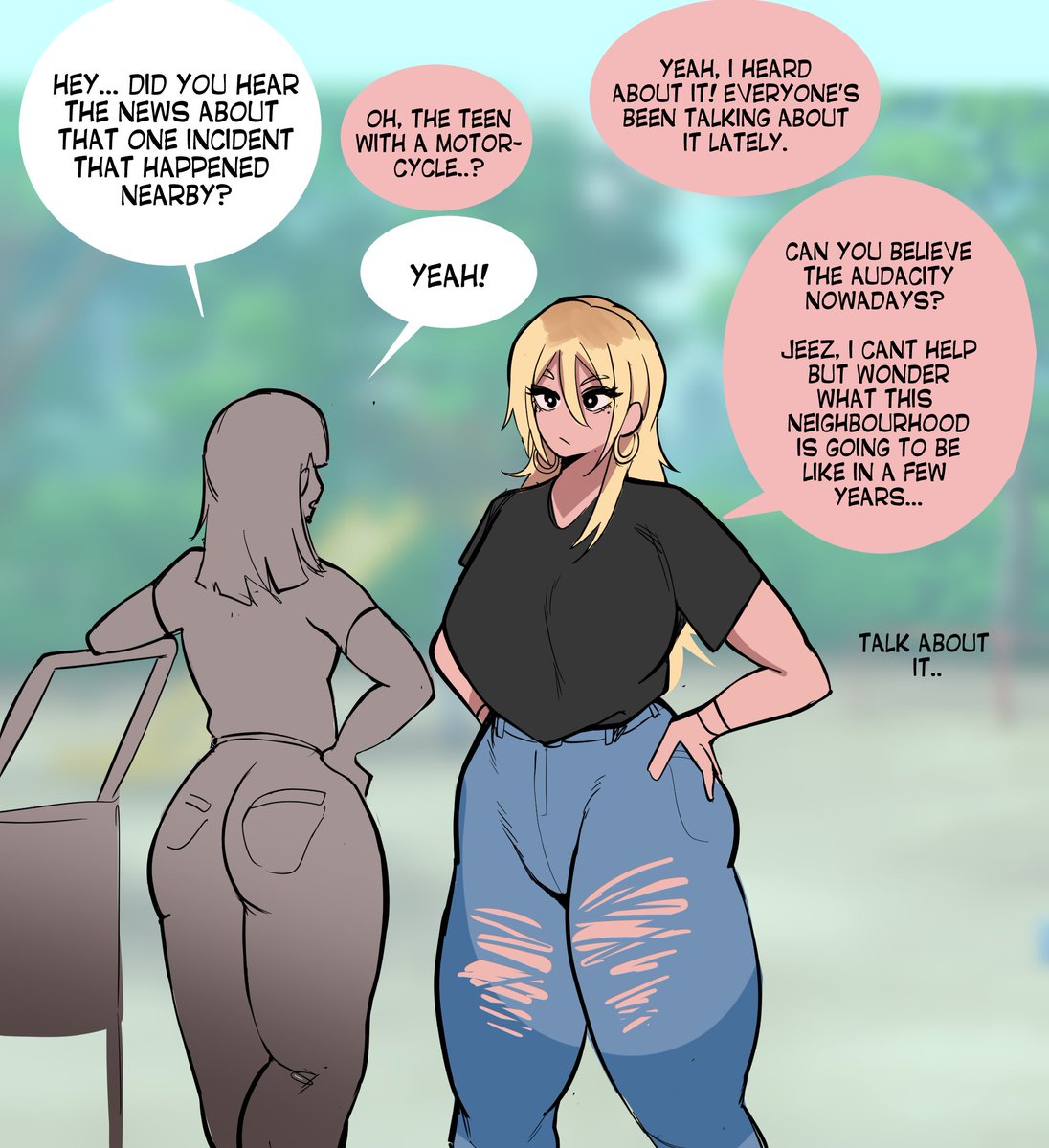 2025 2d_(artwork) 2girls ass big_hips black_eyes black_eyes_female black_shirt blonde_female blonde_hair blonde_hair_female blondie blue_jeans blue_pants bottomwear butt curvaceous curvaceous_female curvaceous_figure curvy curvy_female curvy_females curvy_figure dialogue duo duo_female duo_focus earrings english english_dialogue english_text fat_ass fat_butt february february_(month) females females_focus females_only form_fitting gold_earring gold_earrings gold_jewelry hand_on_hip hands_on_hips hands_on_own_hips jeans jewelry large_hips long_hair long_hair_female no_sex ocerius pants ripped_jeans ripped_pants safe shirt speech_bubble speech_bubbles standing thick_thighs tight_bottomwear tight_fit tight_pants twitter twitter_link