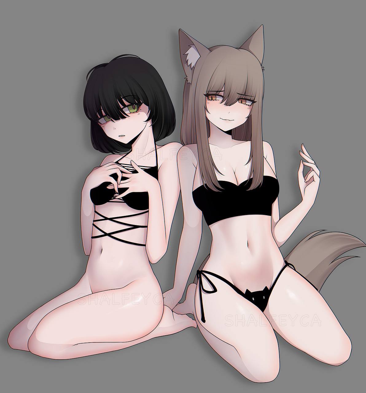 2girls black_hair blonde_hair bra brown_eyes female/female female_only female_with_female green_eyes shalfeika shalfeyca underwear yuri