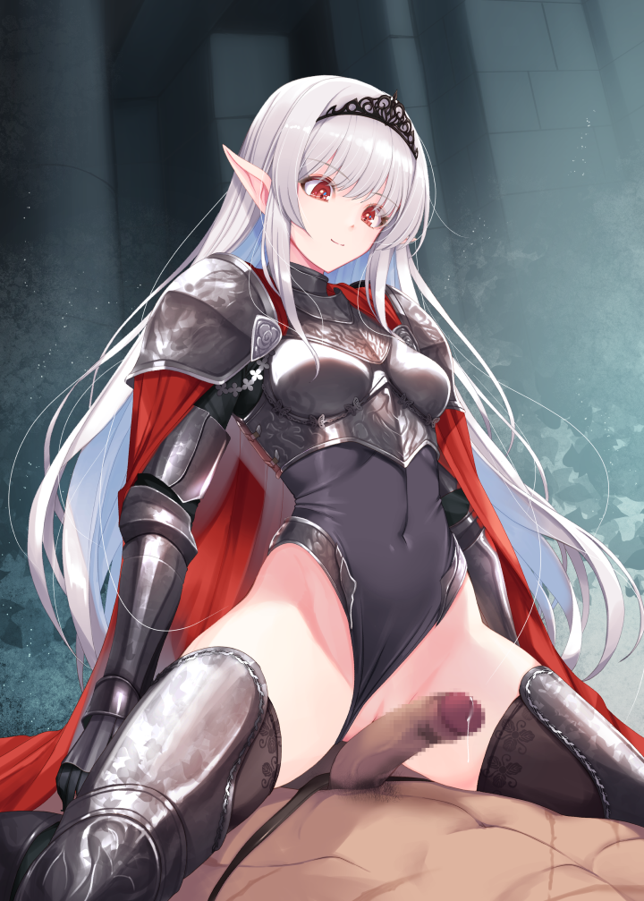 1boy :o abs armor ass_visible_through_thighs black_leotard black_thighhighs black_tiara breastplate breasts bright_pupils cape censored commentary_request covered_navel cowgirl_position elf erection female gauntlets grey_hair grinding hair_between_eyes highleg highleg_leotard kirishima_satoshi leg_armor leotard leotard_under_clothes long_hair looking_at_viewer medium_breasts mosaic_censoring original parted_lips pauldrons penis pointy_ears precum precum_drip pussy red_cape red_eyes scar scar_on_chest shoulder_armor shoulder_plates smile solo_focus spread_legs straddling thigh_armor thighhighs thighs tiara very_long_hair white_pupils