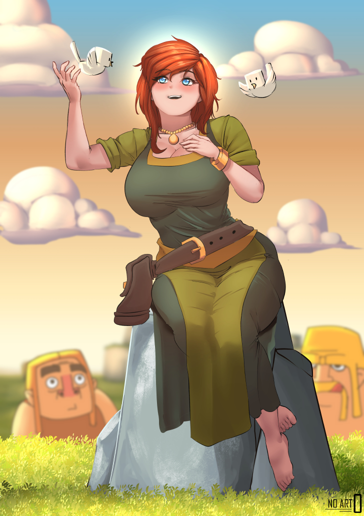 big_breasts bird birds blue_eyes blush bracelet clash_(series) clash_of_clans clash_royale cleavage clothed_female clothes curvy curvy_body curvy_female curvy_figure curvy_hips curvy_thighs feet female ginger ginger_hair gold_eyes necklace noart noart_0 orange_hair stunned supercell tagme villager_(clash_of_clans)