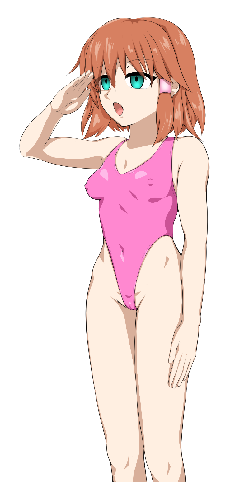 1girls alternate_costume bare_legs breasts brown_hair covered_nipples empty_eyes female female_only femsub fire_emblem fire_emblem:_path_of_radiance green_eyes legs mind_control mist_(fire_emblem) nintendo one-piece_swimsuit open_mouth partially_visible_vulva pink_one-piece_swimsuit pink_swimsuit quarter_(quarter_r18) salute short_hair small_breasts solo swimsuit white_background