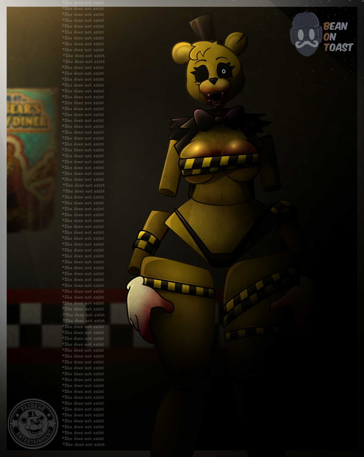 2025 2d 2d_(artwork) 2d_artwork animatronic animatronic_female anthro anthro_female artist_logo artist_name beanontoast bear bear_ears bear_girl big_breasts blood_on_face blood_on_hand blood_stain female five_nights_at_freddy's glowing_eyes golden_freddy_(fnaf) purple_bowtie robot robot_girl shadow sharp_teeth thick_thighs tophat white_eyes wrappings yellow_body yellow_fur