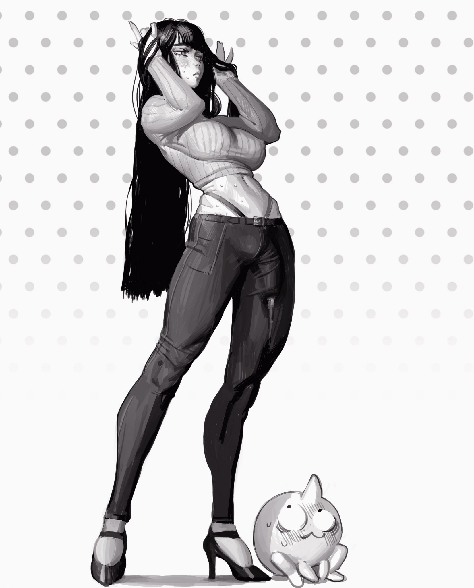 big breasts, black hair, breasts, crop top, cumsplosion, ejaculation under clothes, futa only, futanari, high heels, intersex, long hair, monochrome, ordnance, pants, penis, penis visible through clothing, sweat, thong straps, tight clothing, whale tail