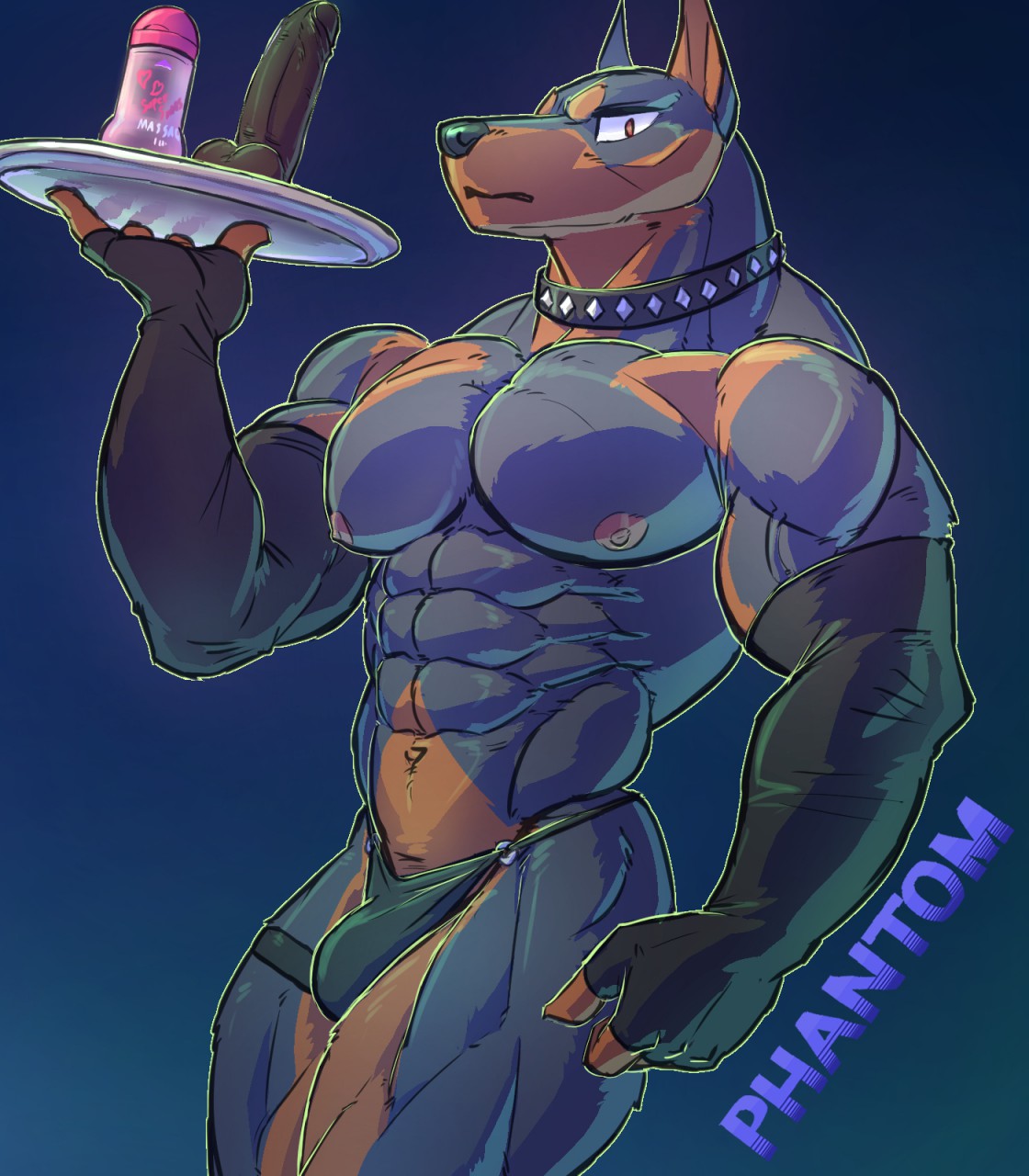 abs anthro arm_warmers armwear biceps bulge canid canine canis clothed clothing collar dildo dobermann domestic_dog elbow_gloves emoster gloves handwear hi_res lube male male_only mammal muscular muscular_legs muscular_male pecs pinscher sex_toy solo topless vein veiny_muscles