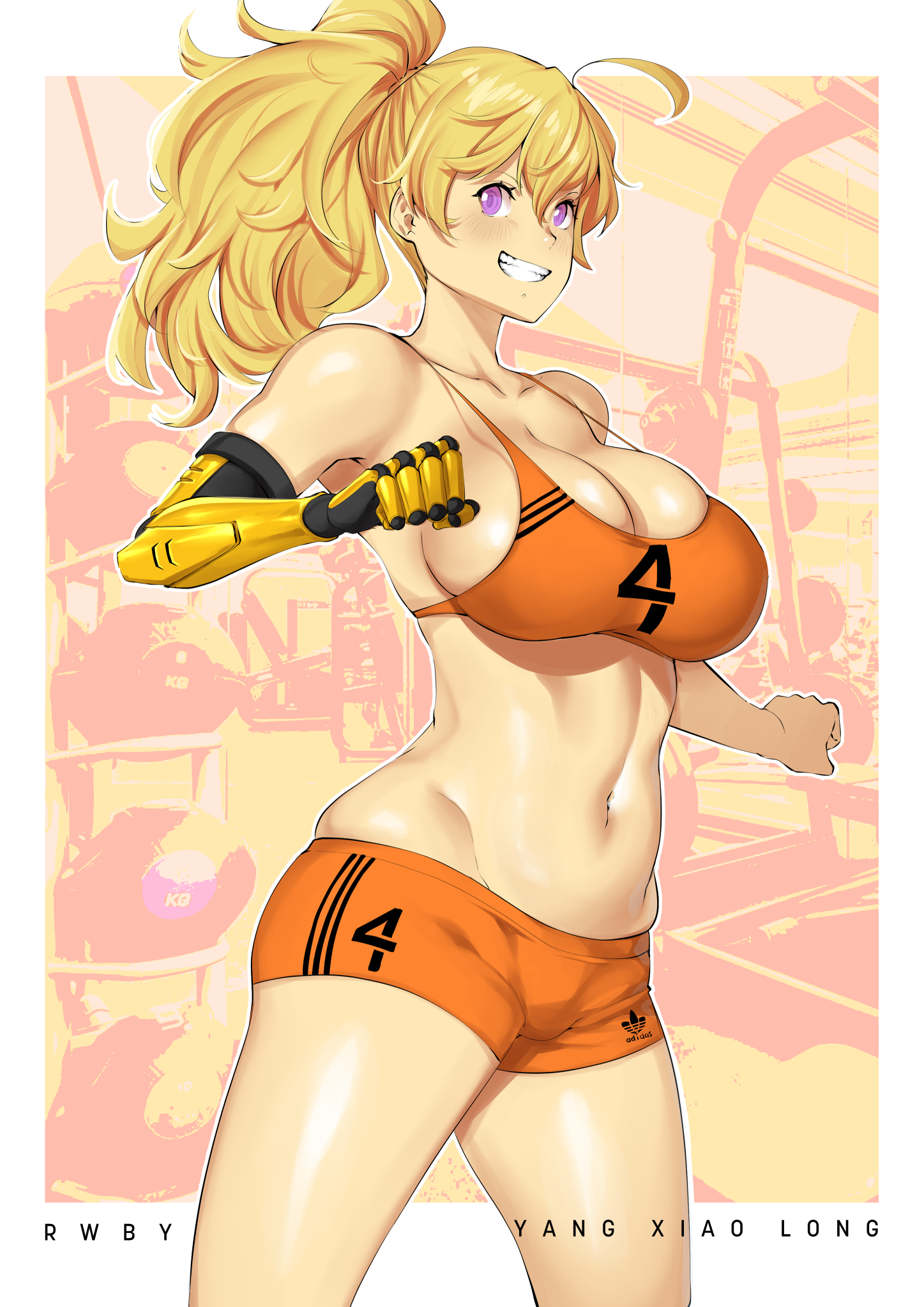 1girls, blonde female, blonde hair, breasts, cleavage, female, gym, gym clothes, gym shorts, lulu-chan92, purple eyes, robotic arm, rwby, stomach, yang xiao long