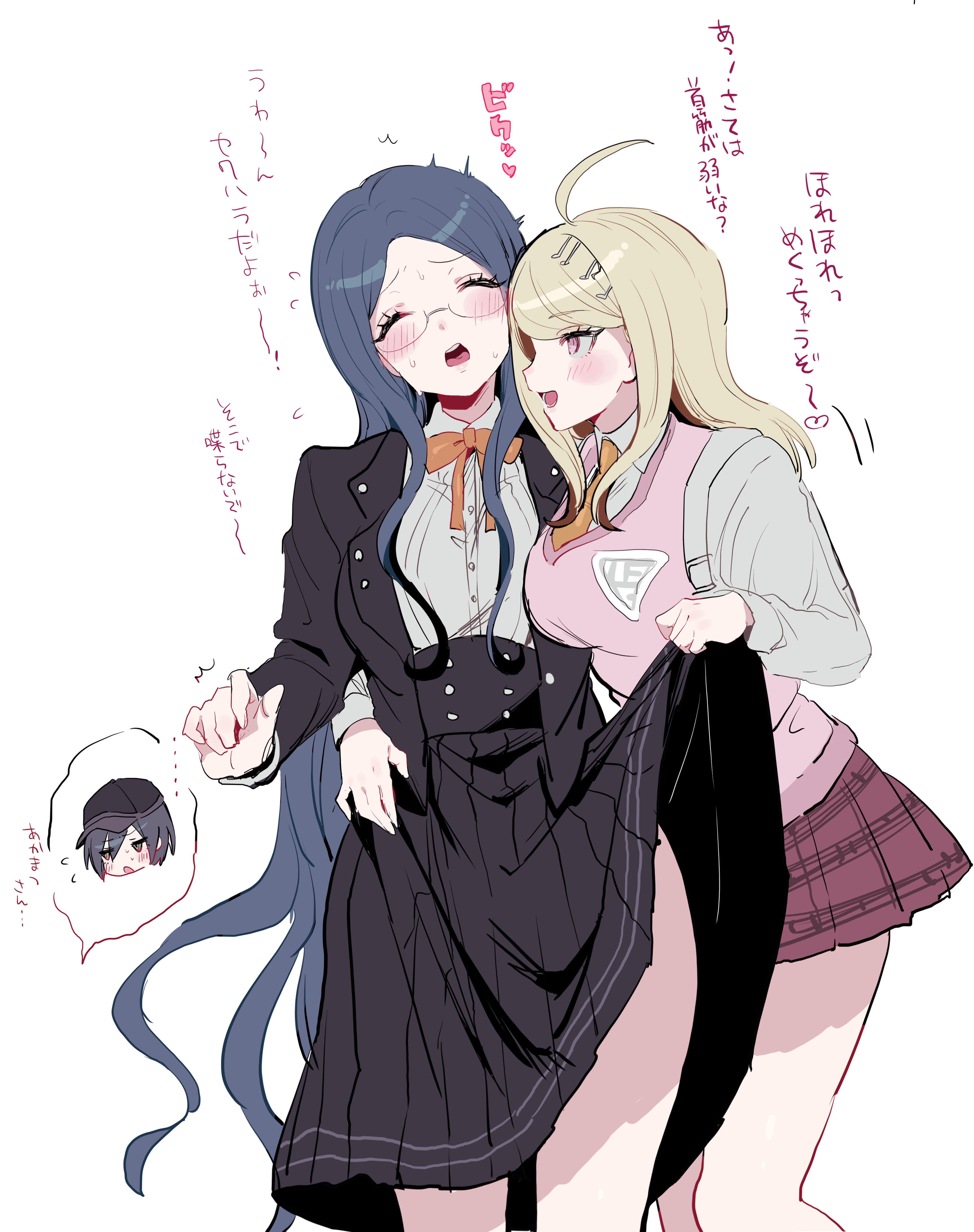 1boy, 1girls, 2girls, 2girls1boy, akamatsu kaede, blonde female, blue hair, blushing, cuckold, danganronpa, danganronpa v3, glasses, japanese text, lesbian sex, saihara shuuichi, shirogane tsumugi, skirt, skirt lift, tagme (artist), teasing, thighs, watching, yuri
