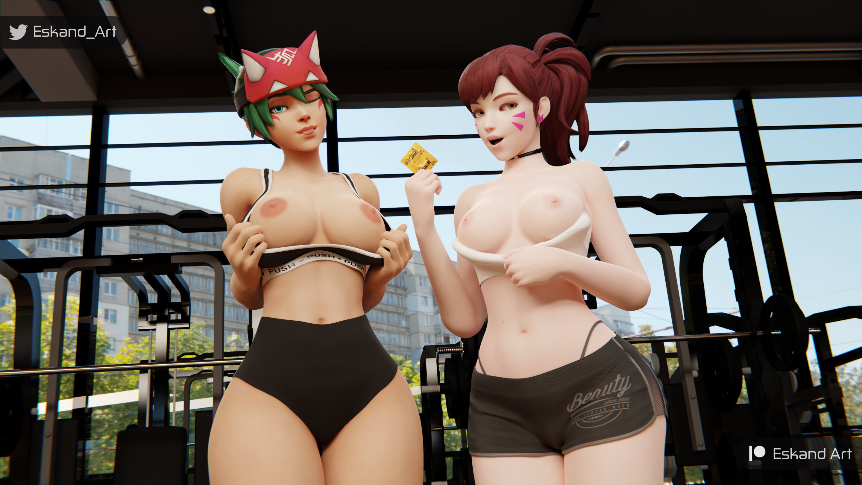 2girls, 3d, d.va, eskandart, female, female only, flashing, kiriko (overwatch), multiple females, multiple girls, overwatch, overwatch 2, pharah