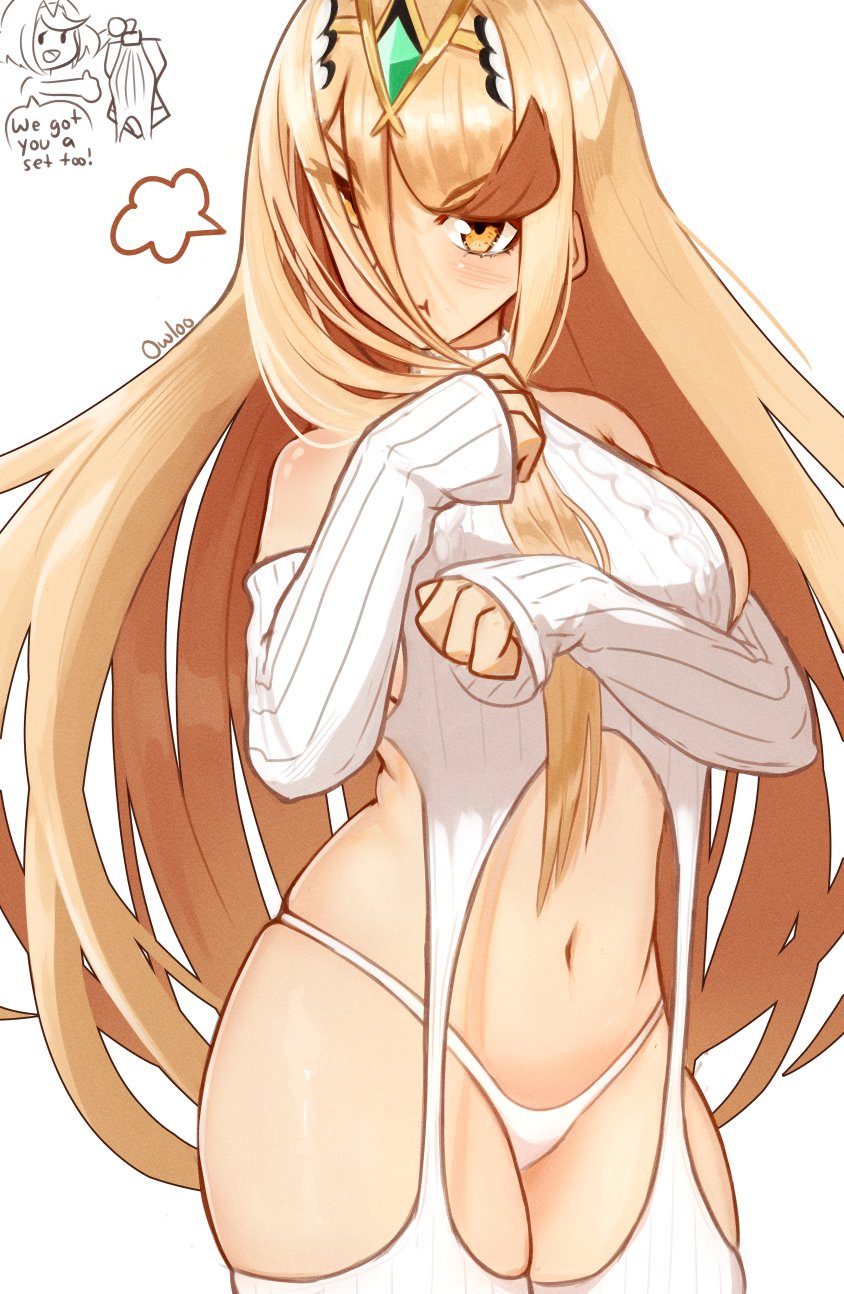 1girls, alternate costume, blonde hair, breasts, embarrassed, female, hiding face, long hair, looking at viewer, mythra, nintendo, owloo, owloo art, pyra, very long hair, virgin destroyer sweater, white skin, xenoblade (series), xenoblade chronicles 2