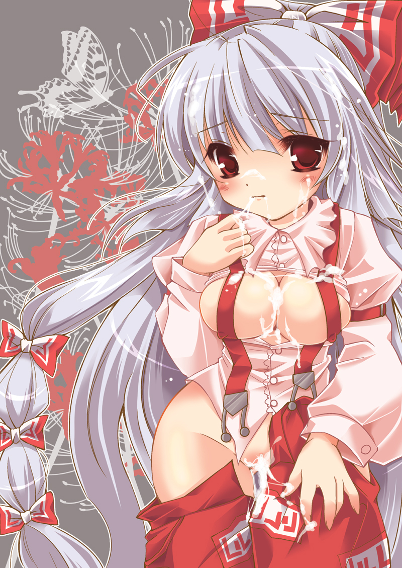 1girls bangs blunt_bangs blush bow breasts breasts_out bukkake butterfly cleavage cum female flower fujiwara_no_mokou grey_background hair_ribbon hairbow hips kinoko_crown long_hair looking_at_viewer no_panties open_clothes open_shirt pants pants_pull red_eyes ribbon shirt silver_hair solo spider_lily standing straight_hair suspenders thigh_gap touhou very_long_hair