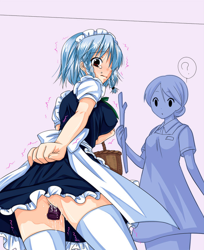 2girls ? ass bottomless braid female female_only fingernails koga_yoshihisa maid maid_headdress multiple_girls no_panties pussy pussy_juice red_eyes sakuya_izayoi short_hair silver_hair the_embodiment_of_scarlet_devil thighhighs touhou twin_braids vibrator