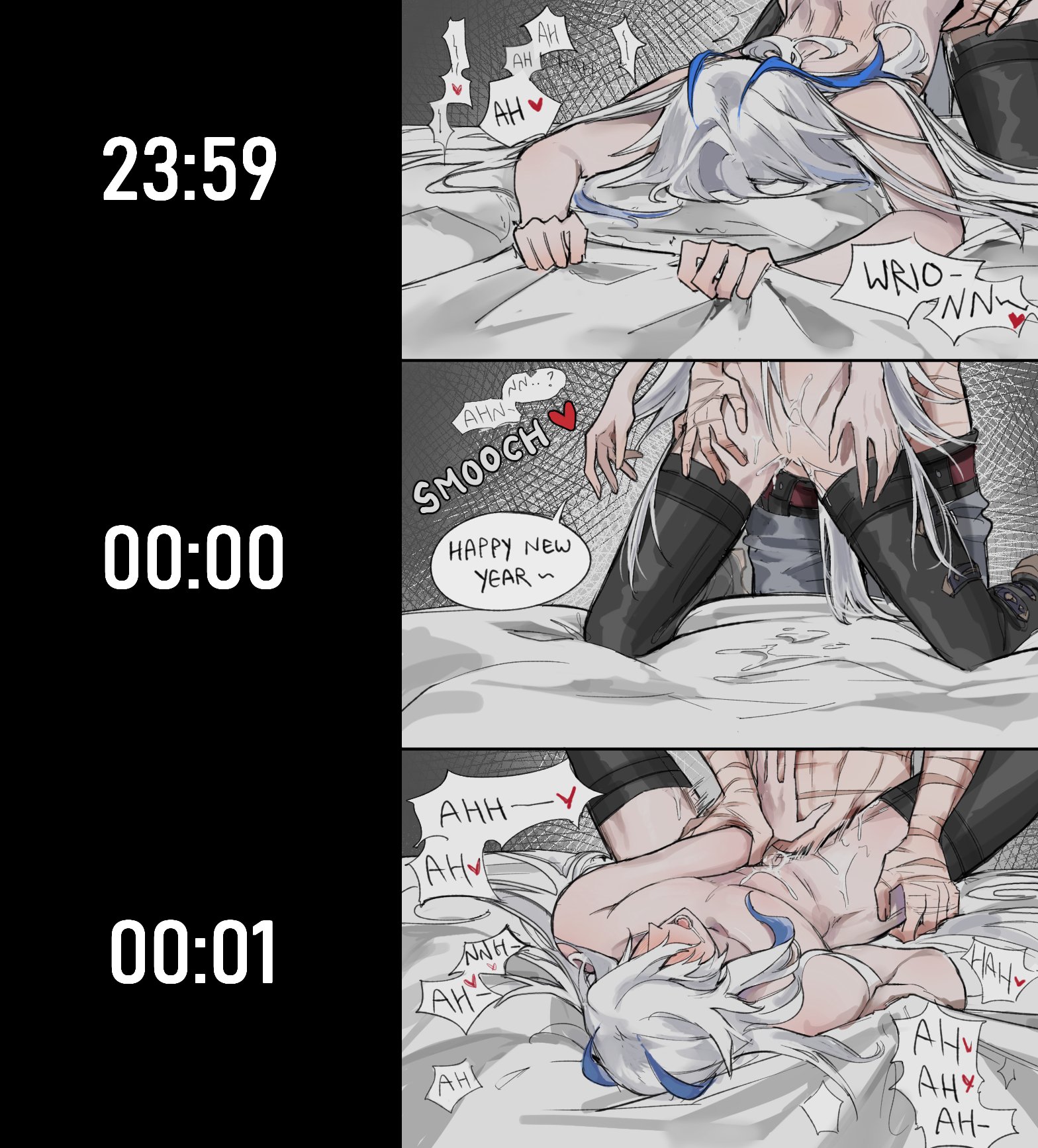 2boys, cuntboy, delusionexpress, english text, gay, genshin impact, happy new year, male, male focus, male only, neuvillette (genshin impact), new year, passionate, sex, sheet grab, speech bubble, wriothesley (genshin impact), yaoi