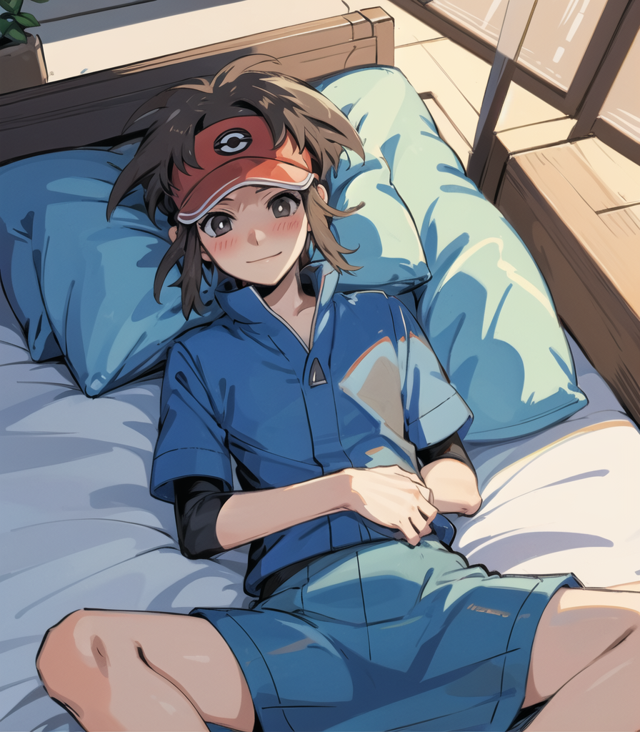 1boy ai_generated looking_at_viewer male_focus nate_(pokemon) on_bed pokemon smirk solo solo_focus solo_male spread_legs suggestive_look