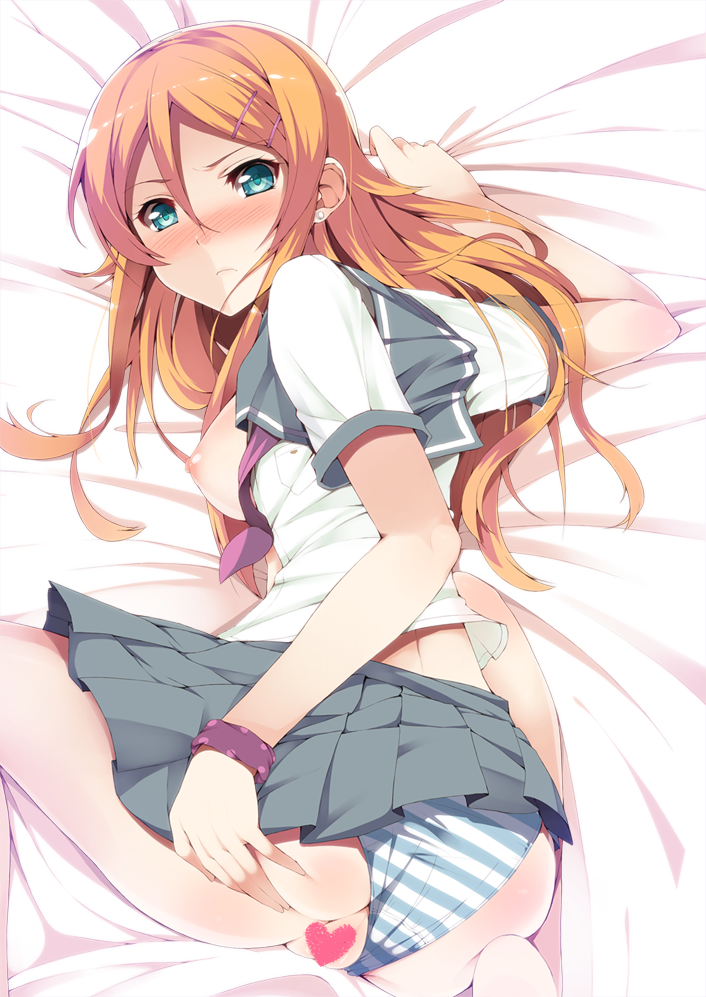 1girls, 2d, bed, blue eyes, blush, bracelet, breasts, censored, earrings, enshin, female, female only, heart, human, human female, human only, jewelry, kousaka kirino, long hair, looking at viewer, looking back, lying, nipples, orange hair, ore no imouto ga konna ni kawaii wake ga nai, panties, pussy, school uniform, serafuku, shimapan, skirt, solo, striped, striped panties, underwear