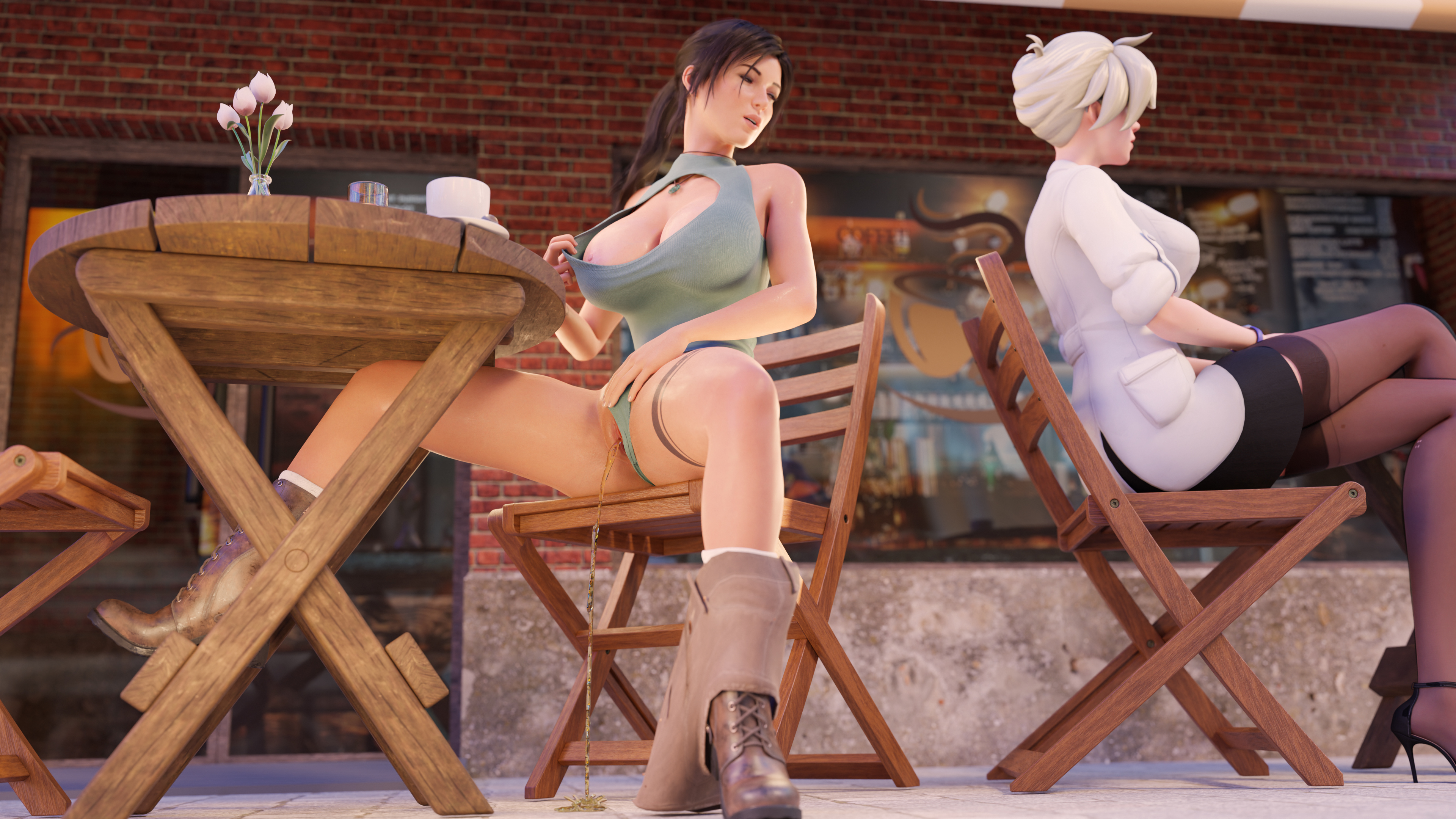 3d, angela ziegler, big breasts, bodysuit, boots, breasts, exhibitionism, female, heels, lara croft, lara croft (survivor), leggings, mercy, overwatch, overwatch 2, peeing, sanmie3d, shorts around one leg, tomb raider, tomb raider (survivor), urination, urine