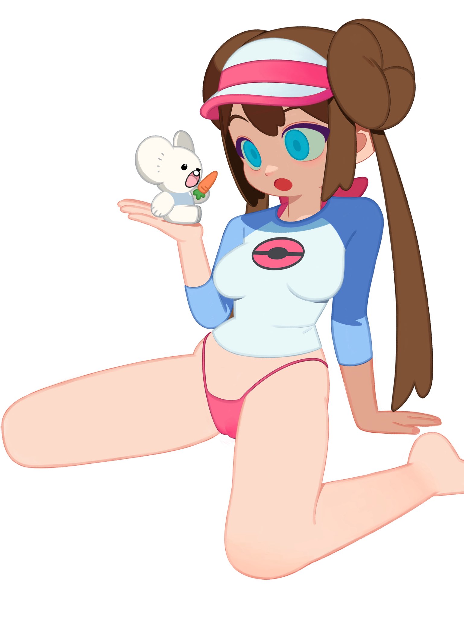 arm support, bare legs, barefoot, blue eyes, brown hair, cameltoe, female, hat, hi res, highres, hochihochiha, holding pokemon, kneeling, long hair, long sleeves, nintendo, no pants, open mouth, panties, pink panties, pokemon, rosa (pokemon), shirt, simple background, sitting, solo, thong, white background