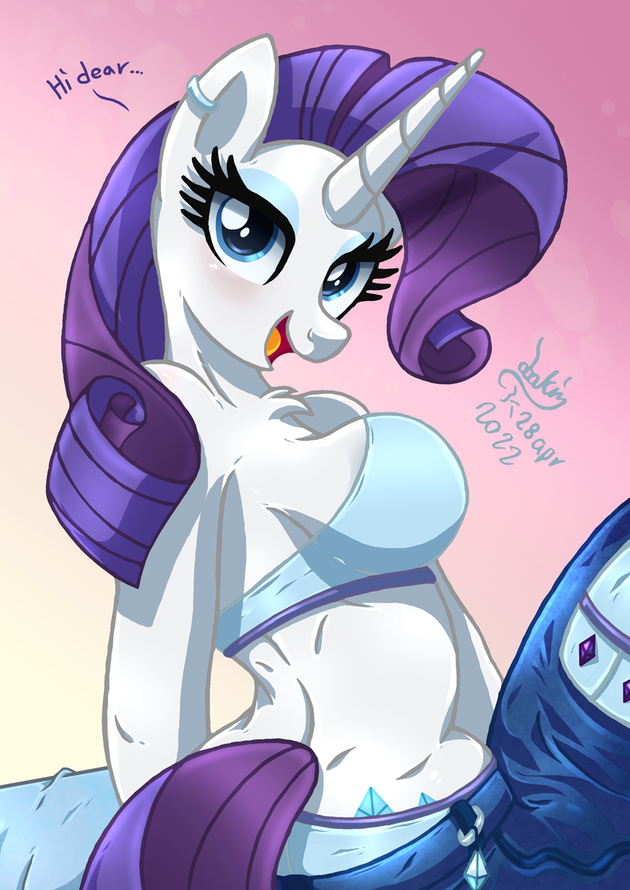 anthro big_breasts blue_eyes blue_eyeshadow bra breasts clothing equid equine eyeshadow female friendship_is_magic horn joakaha makeup mammal my_little_pony panties purple_hair rarity_(mlp) underwear unicorn white_body white_fur