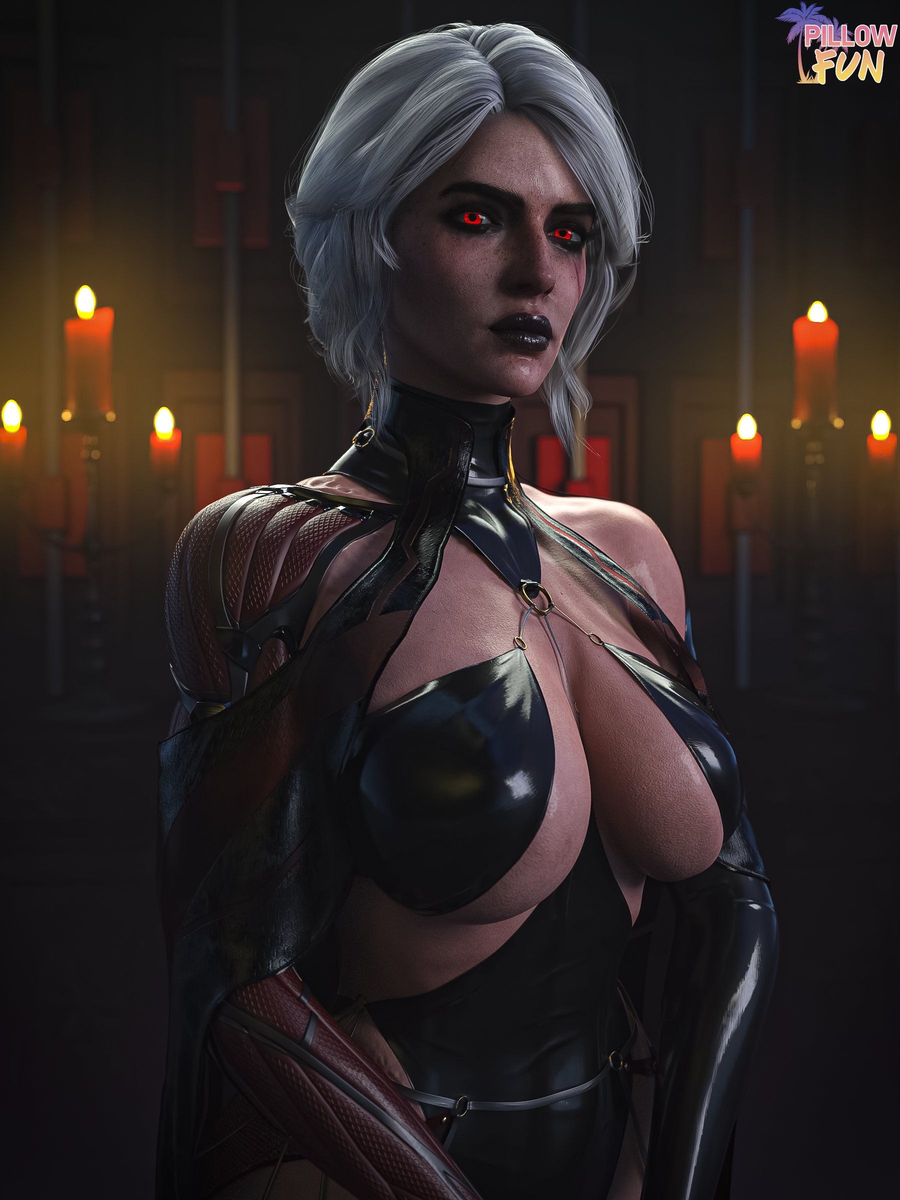 1girls, 3d, big breasts, black lipstick, breasts, breasts out, cd projekt red, ciri, curvaceous, curvy, female, female only, large breasts, light skin, light-skinned female, pillowfun, red eyes, scar, standing, the witcher (series), the witcher 3: wild hunt, white hair