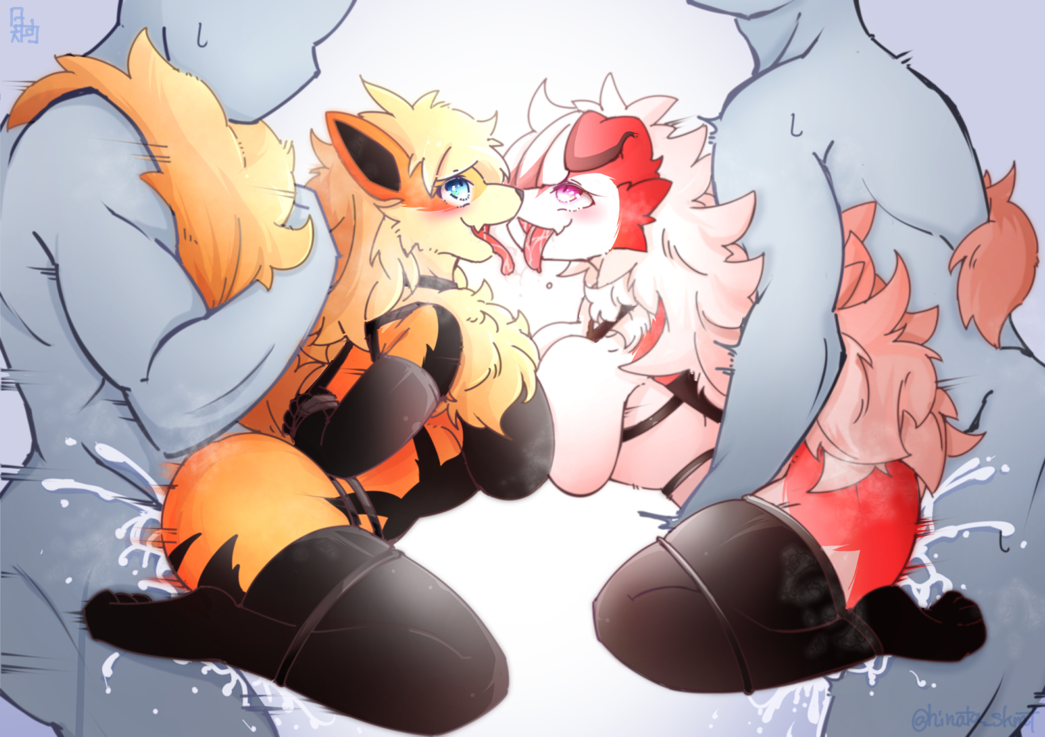 2girls, ambiguous penetration, anthro, anthro penetrated, arcanine, big breasts, blush, bodily fluids, bondage, bound, breast squish, breasts, breasts frottage, canid, canine, clothed, clothed/nude, clothing, cum, cum inside, dominant, dominant male, female, female penetrated, femsub, fur, genital fluids, hands behind back, hinata sakamoto, human, human on anthro, human penetrating, human penetrating anthro, interspecies, legwear, looking pleasured, lycanroc, male, male penetrating, male penetrating female, male/female, maledom, mammal, markings, multiple females, multiple girls, multiple subs, nintendo, nude, penetration, pokemon, pokemon (species), pokemorph, pokephilia, rope, rope bondage, rope harness, sex, squish, submissive, submissive female, symmetrical docking, thigh highs, tongue, tongue out, video games