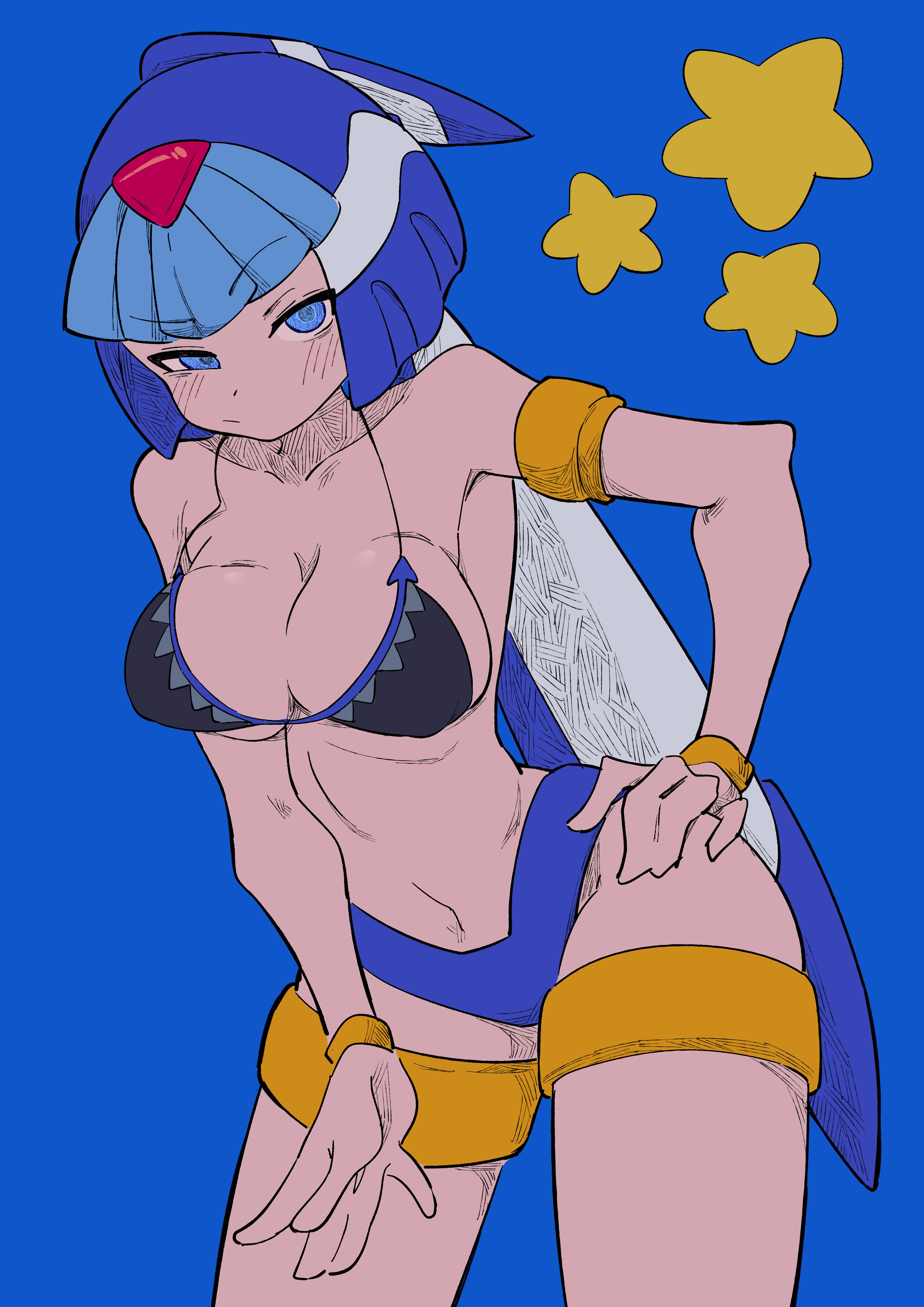 1girls, aqua hair, armlet, armpits, bikini, bikini top, blue background, blue eyes, blush lines, breasts, buzzlyears, closed mouth, curvy, curvy hips, fairy leviathan, female, gold jewelry, hand on hip, headgear, jewelry, looking at viewer, mega man, mega man zero, navel, pout, pouting, simple background, solo, solo female, solo focus, stars, stomach, thigh band, thighs, thin waist, wristband, wristwear