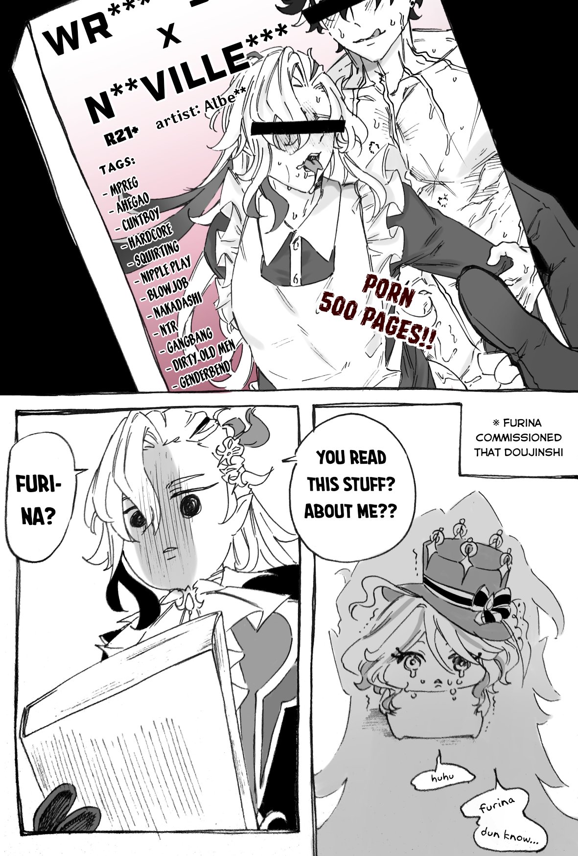 1girls, 2boys, caught, caught in the act, censor bar, censored eyes, chibi, clouddhalu , crying, crying with eyes open, doujinshi, english text, female, furina (genshin impact), gay, genshin impact, hat, maid, maid outfit, male, mihoyo, neuvillette (genshin impact), sad, sweating, top hat, wriothesley (genshin impact), yaoi