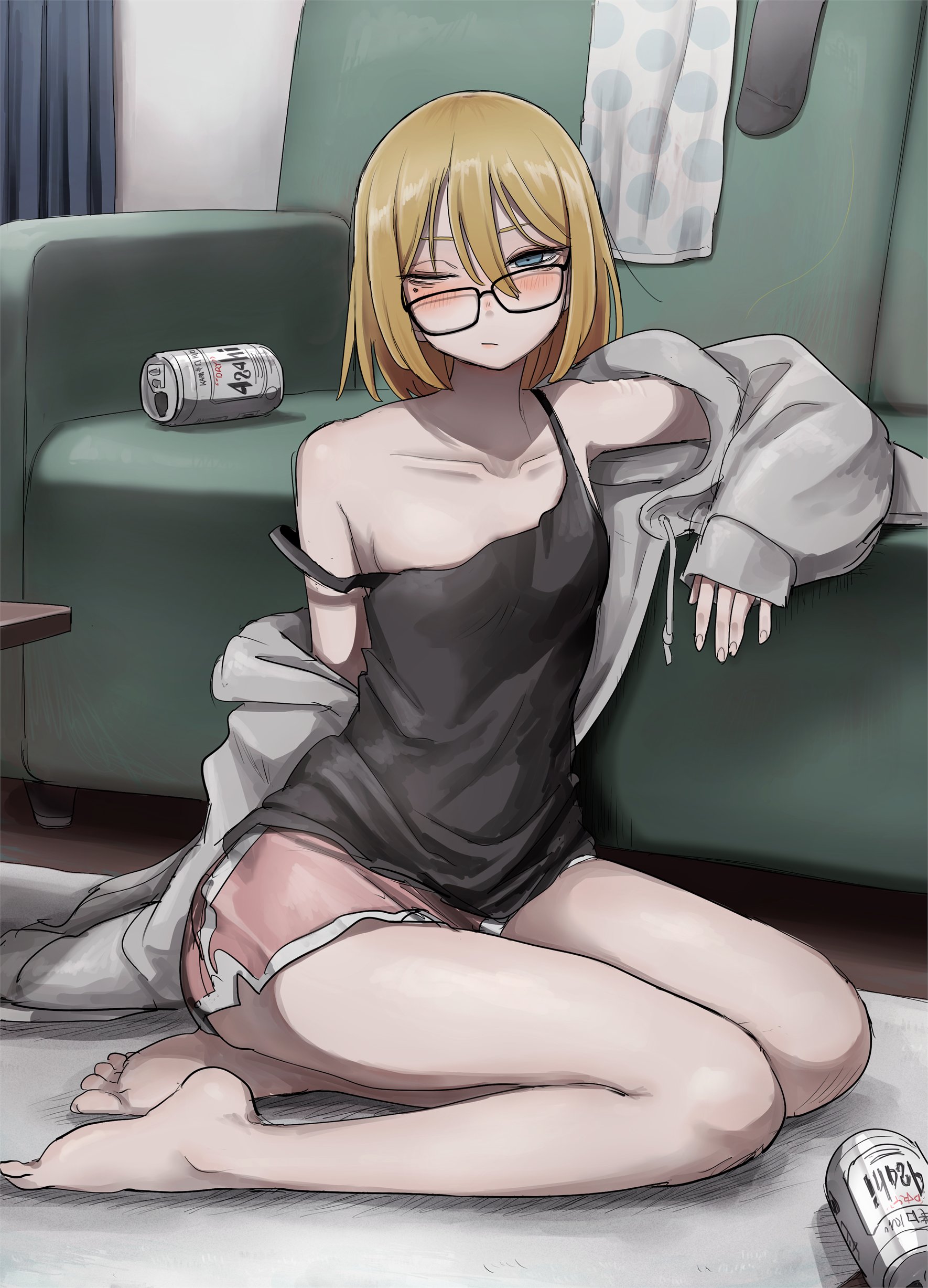 bare legs, bare shoulders, bare thighs, barefoot, blonde hair, blue eyes, blush, drunk, feet, glasses, glasses removed, kneeling, kneeling on ground, looking at viewer, one eye closed, open jacket, side view, sleeveless shirt, slim, slim waist, tabao, teenager, wide hips