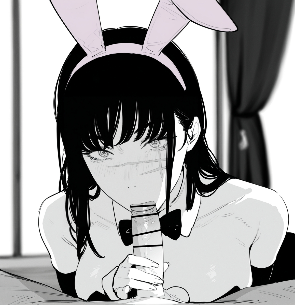 1girls, ai generated, bunny ears, chainsaw man, fellatio, female, mitaka asa, monochrome, oral, oral sex, price last, yoru (chainsaw man)