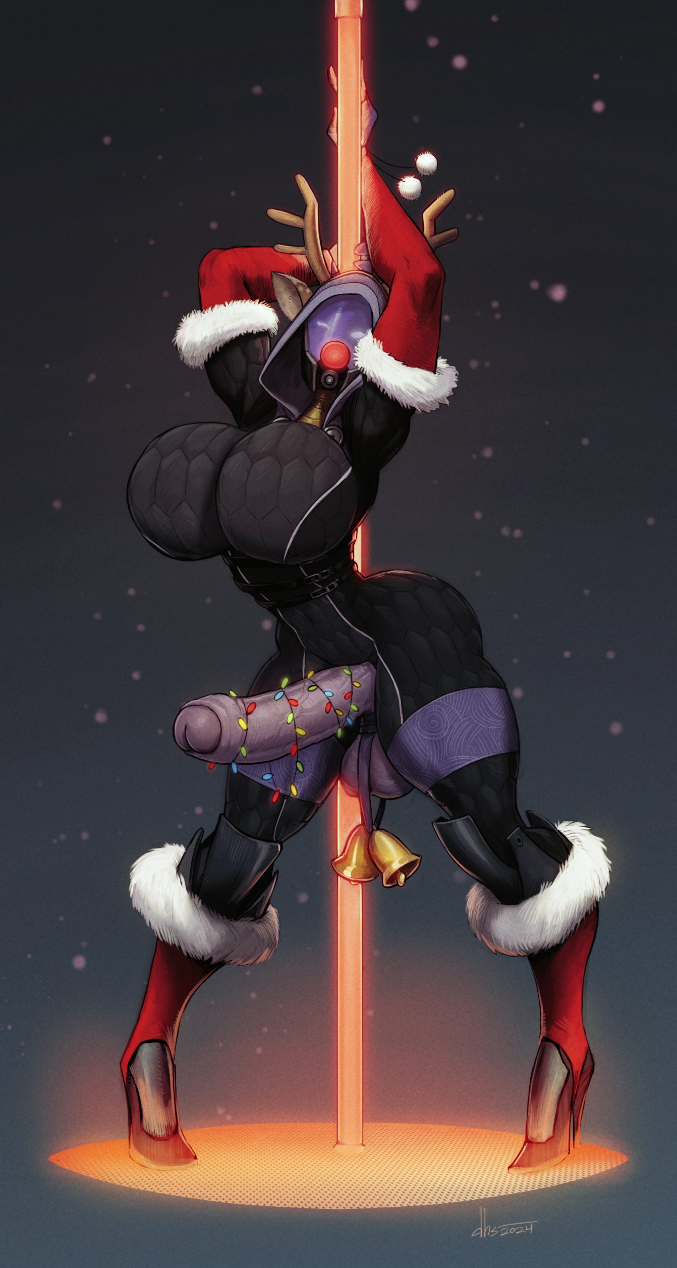 1futa, alien, alien girl, alternate breast size, arms up, athletic, athletic futa, balls, big breasts, bodysuit, breasts, christmas lights, clothed, clothing, detached sleeves, devil hs, erection, fake horns, female, foreskin, full body, fur trim, futa only, futanari, huge breasts, huge cock, humanoid, humanoid penis, intersex, large penis, mass effect, mostly clothed, partially retracted foreskin, penis, pole, quarian, red footwear, retracted foreskin, skimpy, solo, solo futa, standing, stripper pole, tali'zorah nar rayya, uncircumcised, uncut