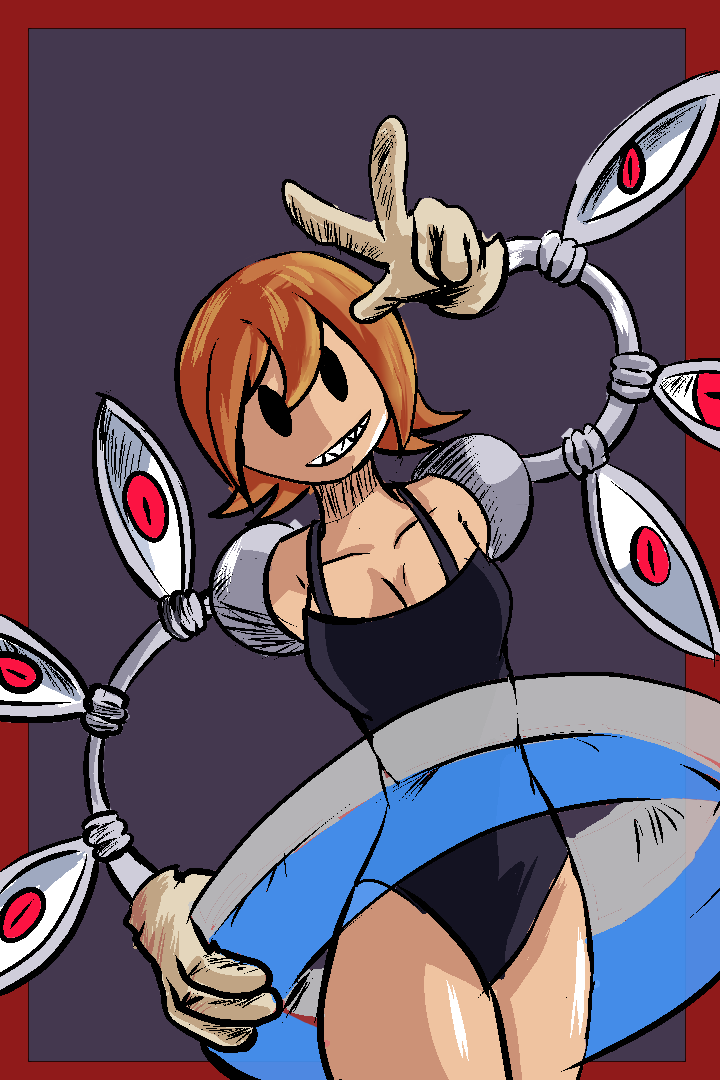 big_breasts breasts cleavage grin one_piece_swimsuit peacock_(skullgirls) short_hair skullgirls smile swimsuit thighs xfrezk