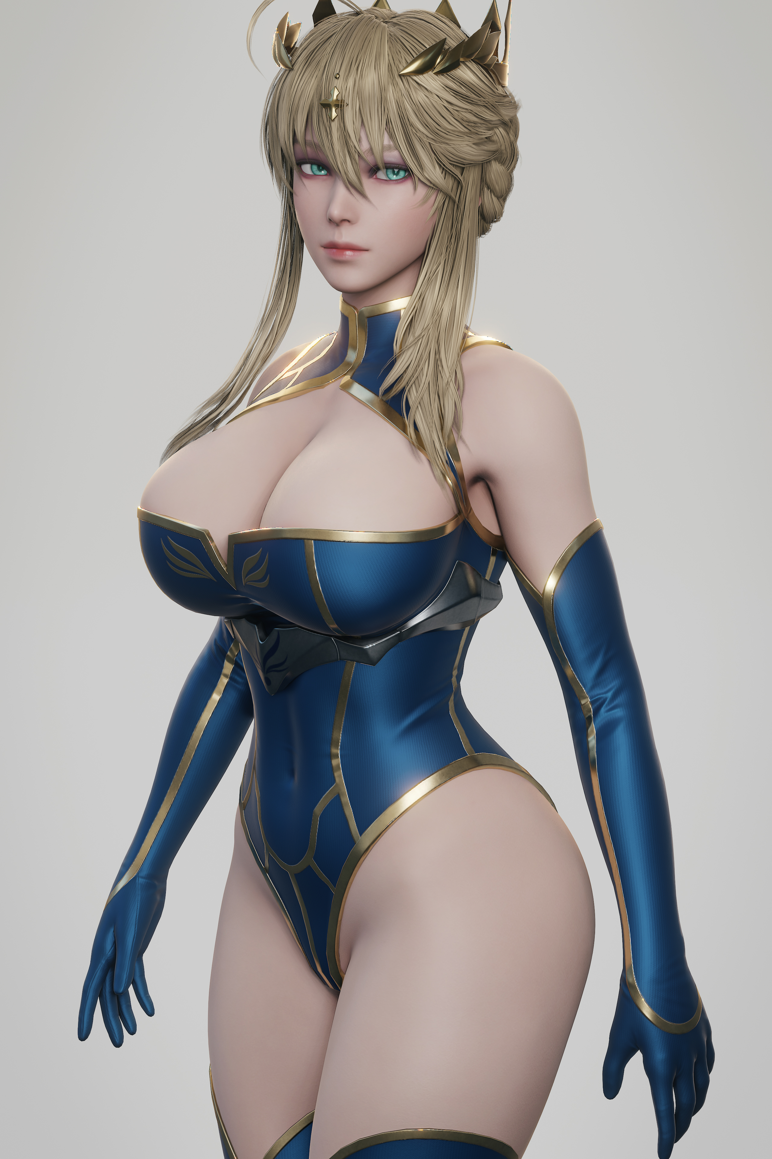 1girls, 3d, artoria pendragon, artoria pendragon (lancer), athletic, athletic female, big breasts, blonde hair, bodysuit, boob window, breasts, crown, fate (series), fate/grand order, female, female focus, female only, gloves, green eyes, hi res, leotard, light skin, light-skinned female, looking at viewer, ryanreos, thick thighs, thighhighs, thighs, tight clothing