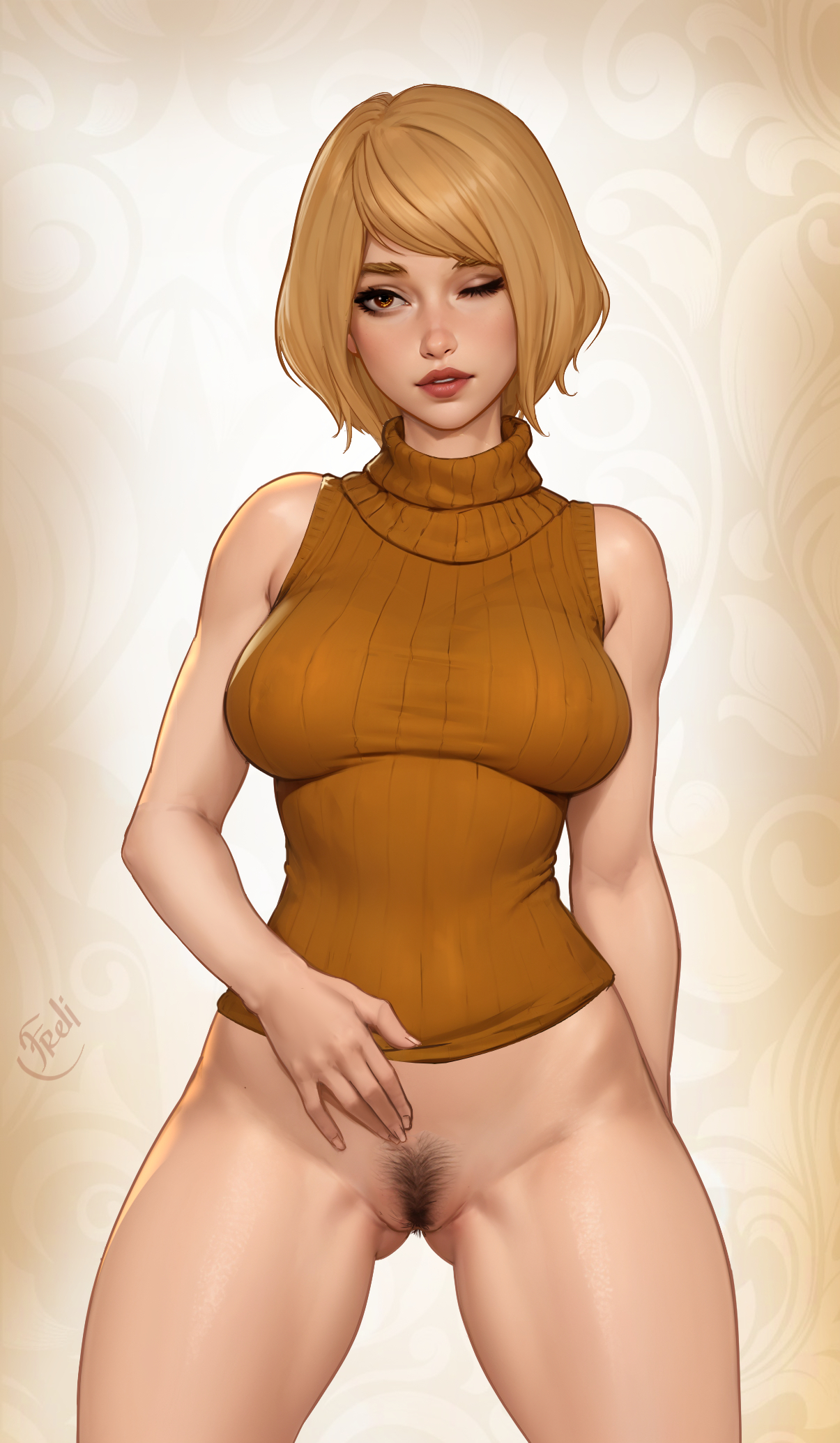 1girls, ashley graham, ashley graham (ella freya), ass, ass visible through thighs, big breasts, blonde female, blonde hair, bottomless, breasts, bubble ass, bubble butt, female, female pubic hair, freli, hairy pussy, large breasts, looking at viewer, one eye closed, presenting, pubic hair, pussy, resident evil, resident evil 4, resident evil 4 remake, short hair, solo, thighs, trimmed pubic hair, wink