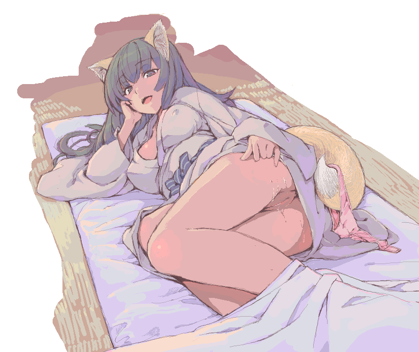 bangs come_hither fox_ear fox_girl fox_tail hage japanese_clothes kimono lying no_panties oekaki on_side original original_character panties presenting pussy pussy_juice short_kimono tagme tail uncensored underwear