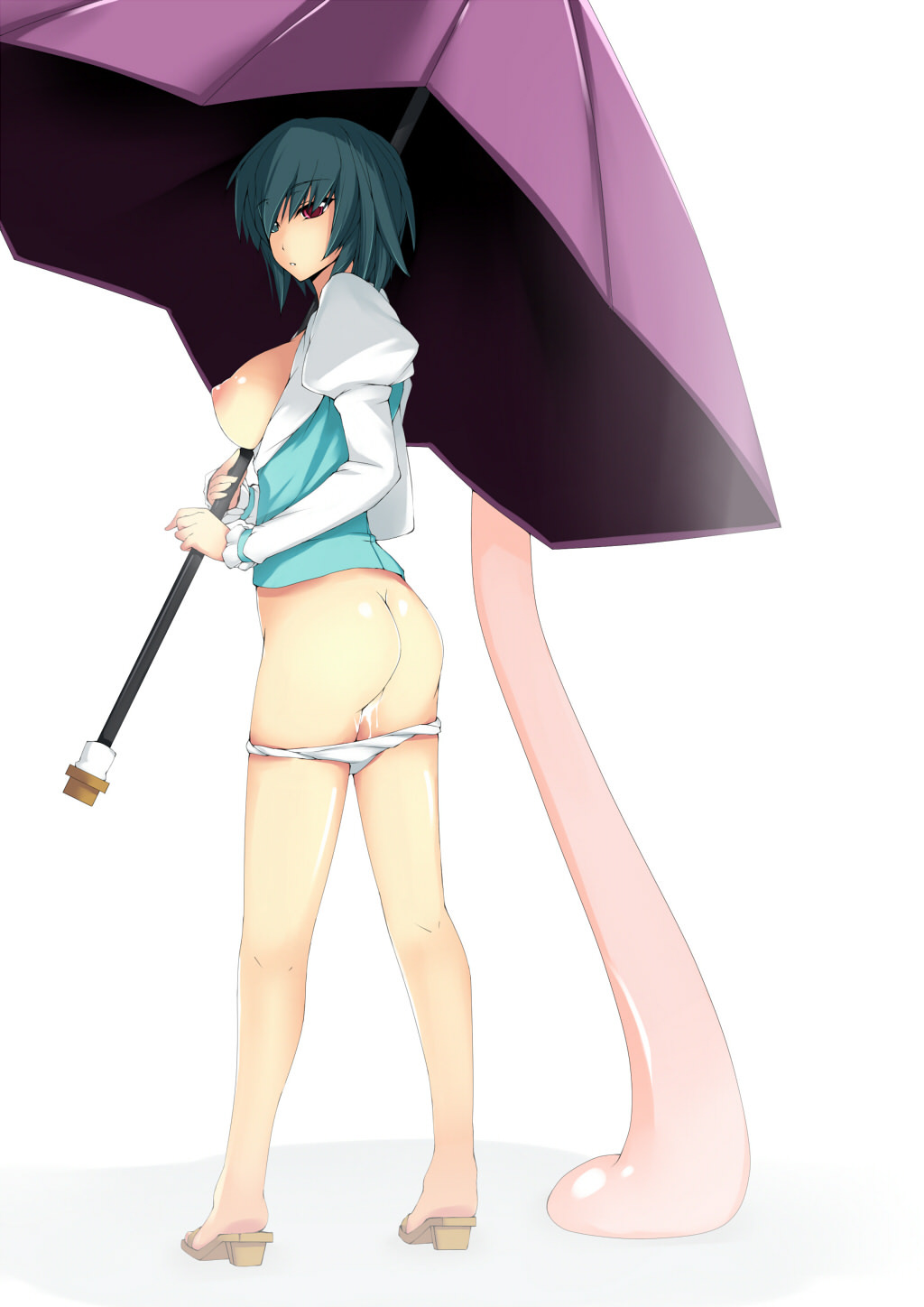 1girls ass blue_eyes blue_hair bottomless breasts dean female heterochromia highres karakasa_obake kogasa_tatara looking_back no_socks panties panty_pull pussy_juice red_eyes short_hair solo tongue touhou umbrella underwear