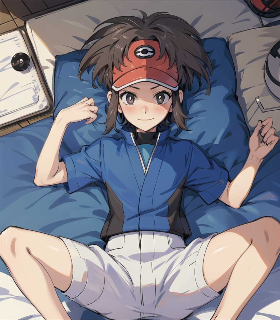 1boy ai_generated looking_at_viewer male_focus nate_(pokemon) on_bed pokemon smirk solo solo_focus solo_male spread_legs suggestive_look