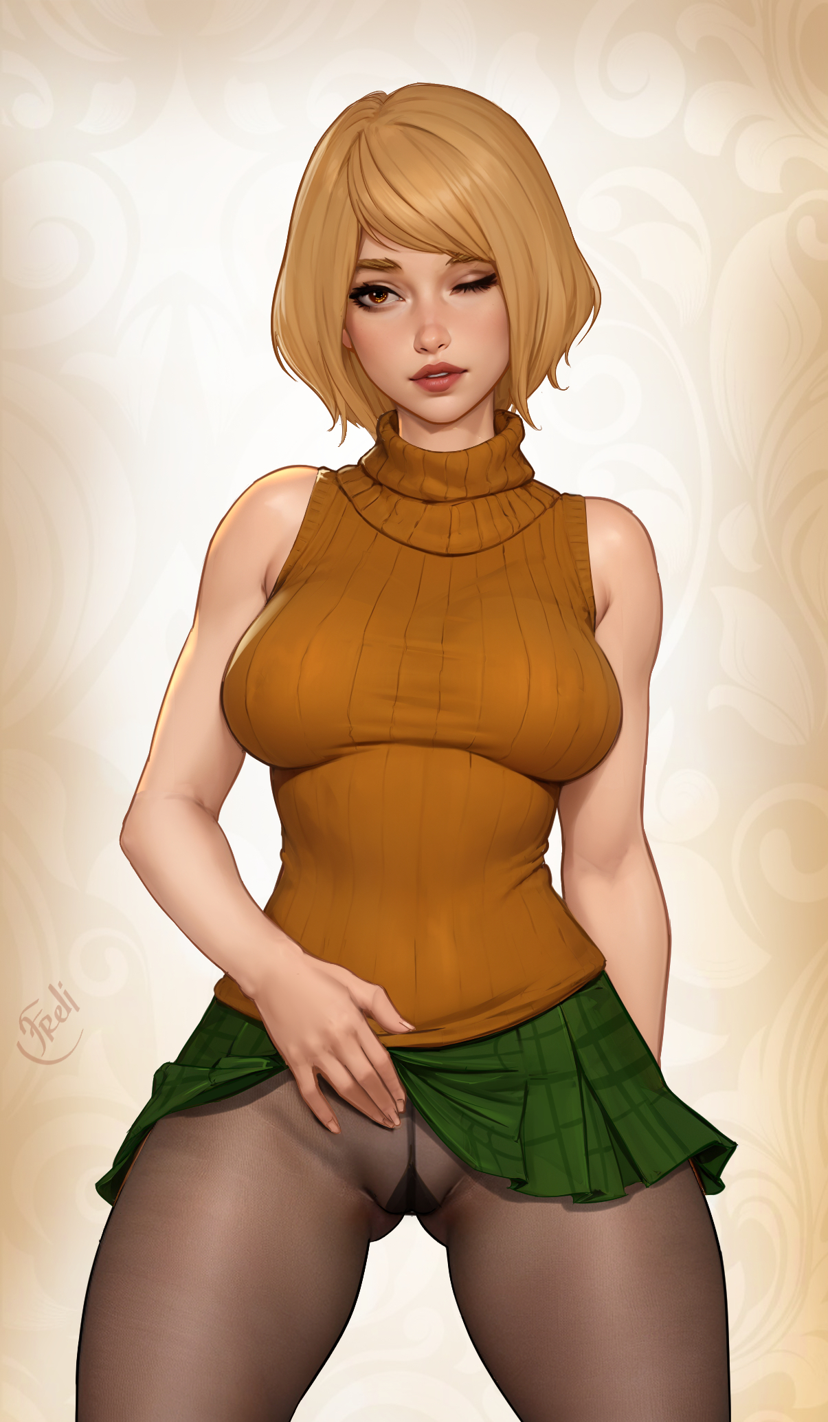 1girls, ashley graham, ashley graham (ella freya), big breasts, blonde hair, breasts, female, freli, large breasts, lifting, lifting skirt, looking at viewer, miniskirt, pantyhose, presenting, resident evil, resident evil 4, resident evil 4 remake, short hair, skirt, skirt lift, skirt up, solo, stockings, thighs